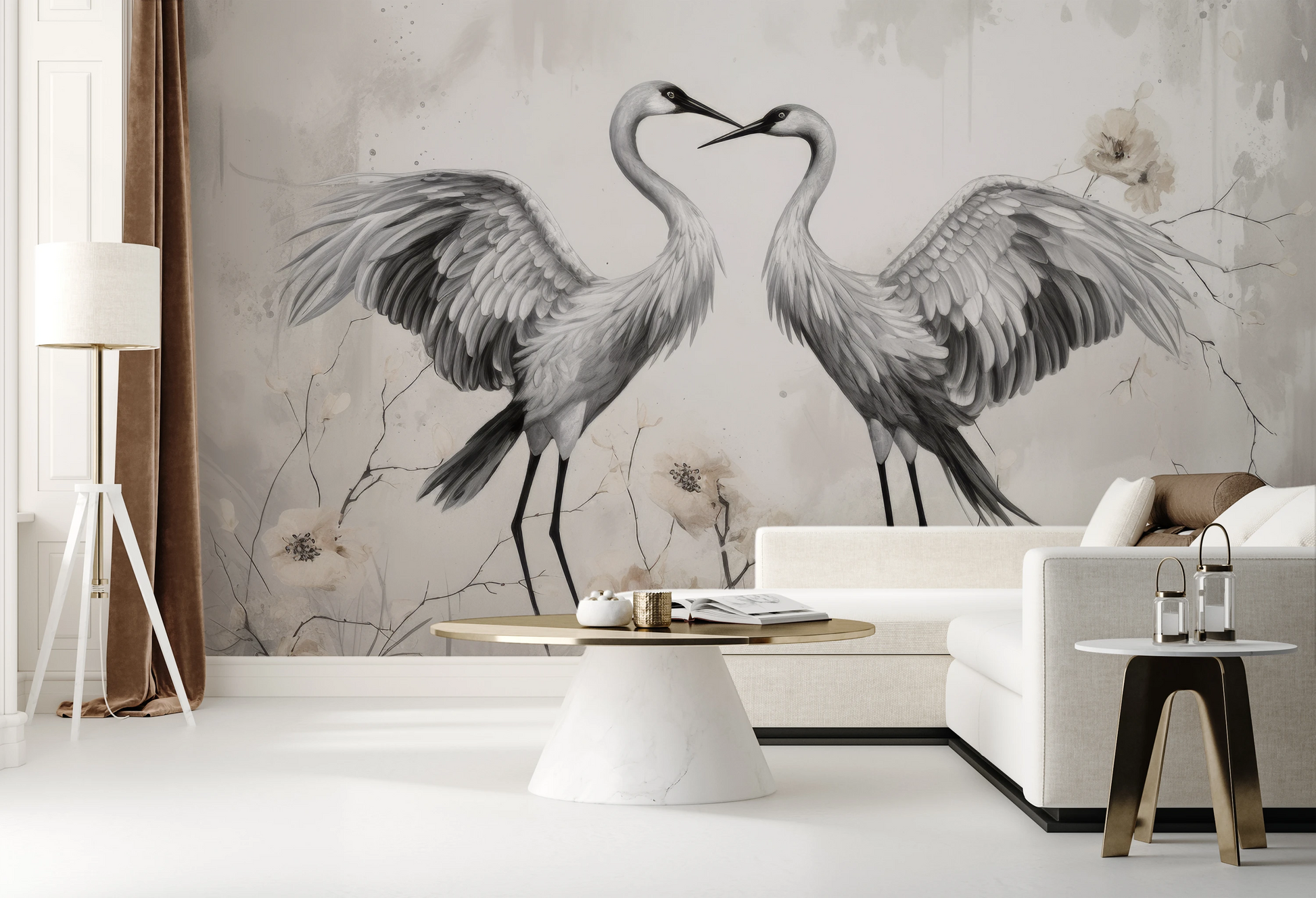 Fototapeta malowana o nazwie Elegant Cranes pokazana w aranżacji wnętrza.