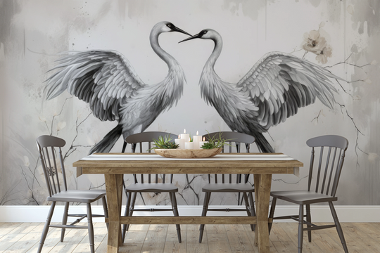 Wzór fototapety artystycznej o nazwie Elegant Cranes pokazanej w aranżacji wnętrza.