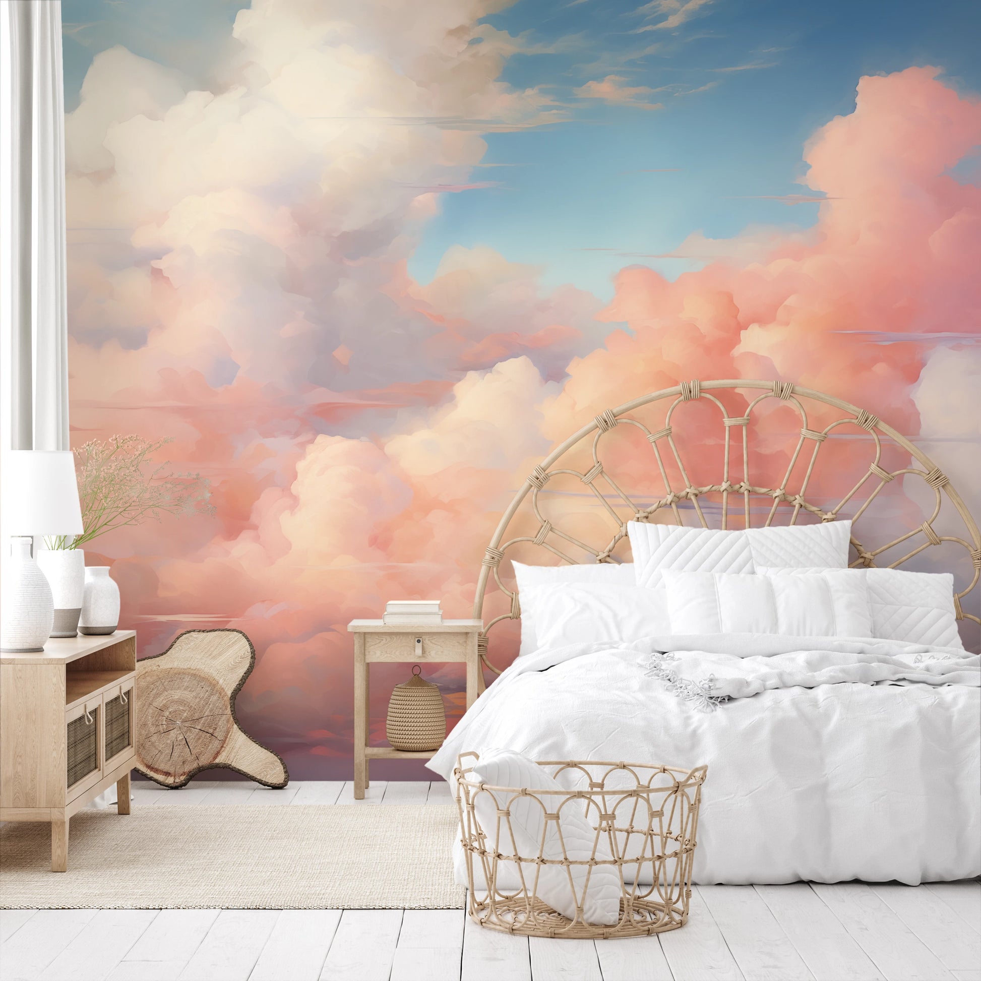 Wzór fototapety malowanej o nazwie Blushing Skies pokazanej w aranżacji wnętrza.