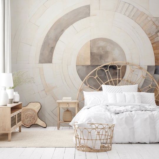 Wzór fototapety artystycznej o nazwie GEOMETRIC SPHERICAL ECLIPSE pokazanej w aranżacji wnętrza.