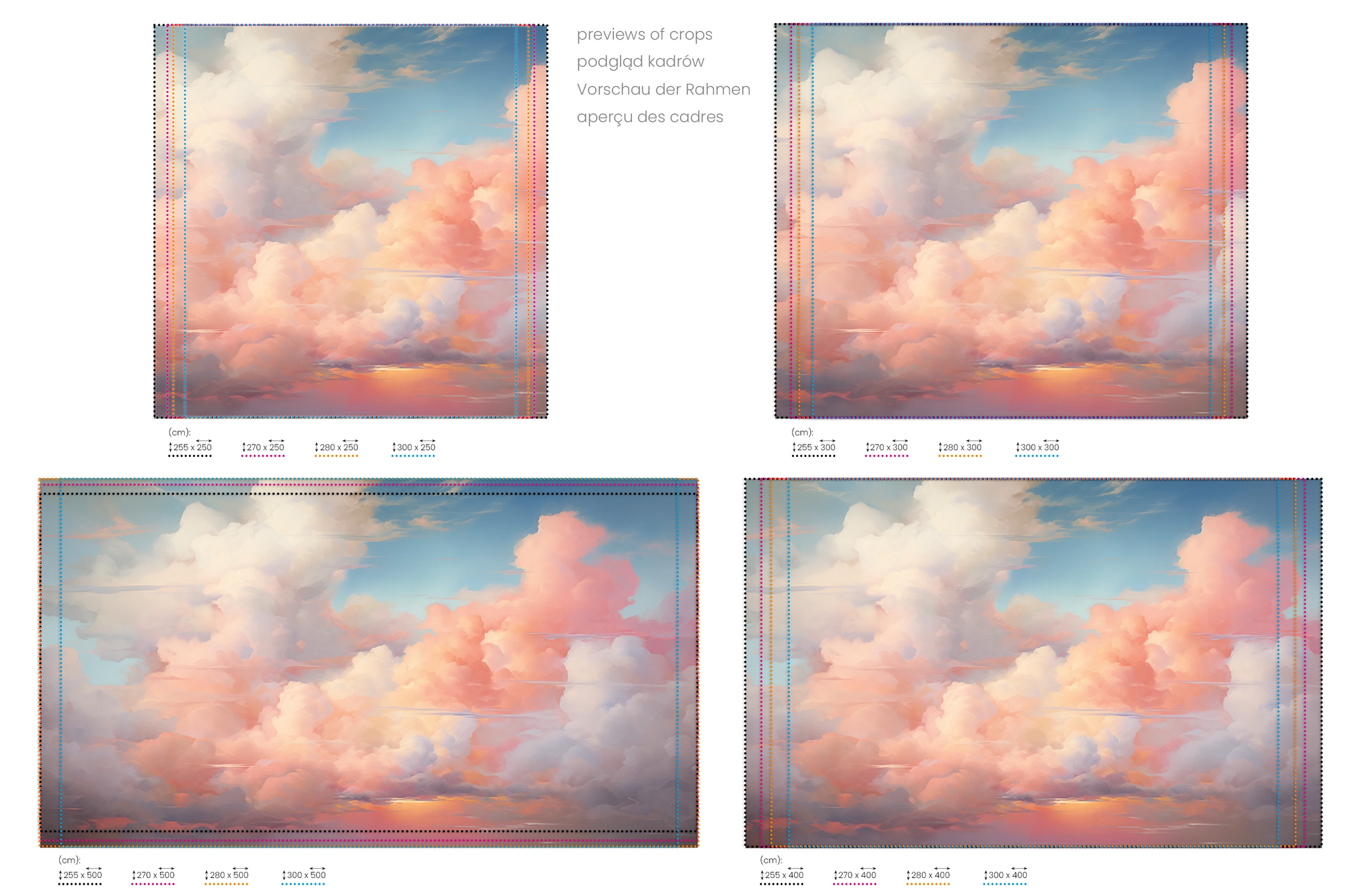 Na obrazie znajduje się prezentacja przykładowych rozmiarów fototapety o nazwie Blushing Skies. Rozmiar fototapety jest dowolny.