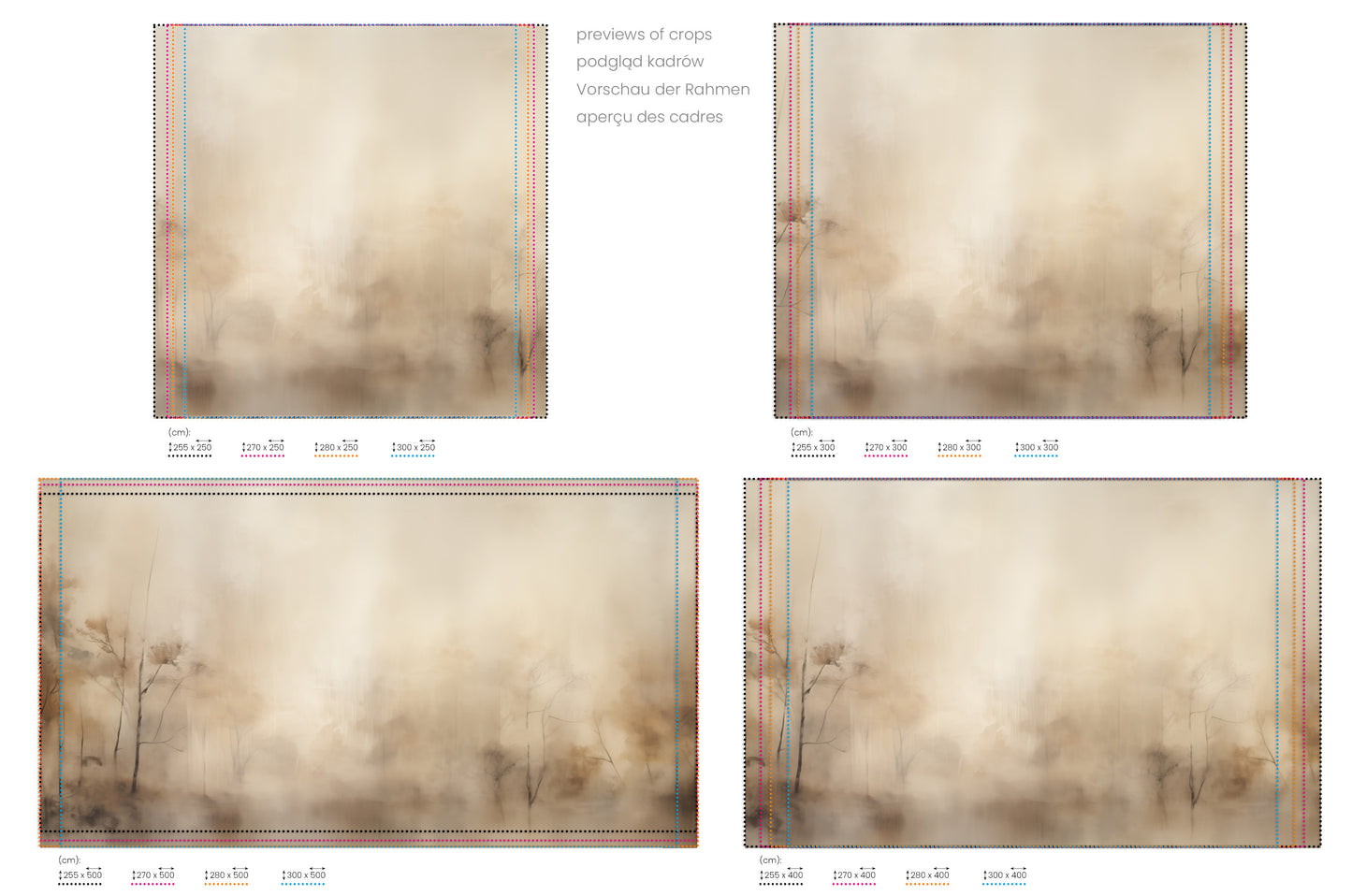 Na obrazie znajduje się prezentacja przykładowych rozmiarów fototapety o nazwie MISTY FOREST MURAL. Rozmiar fototapety jest dowolny.