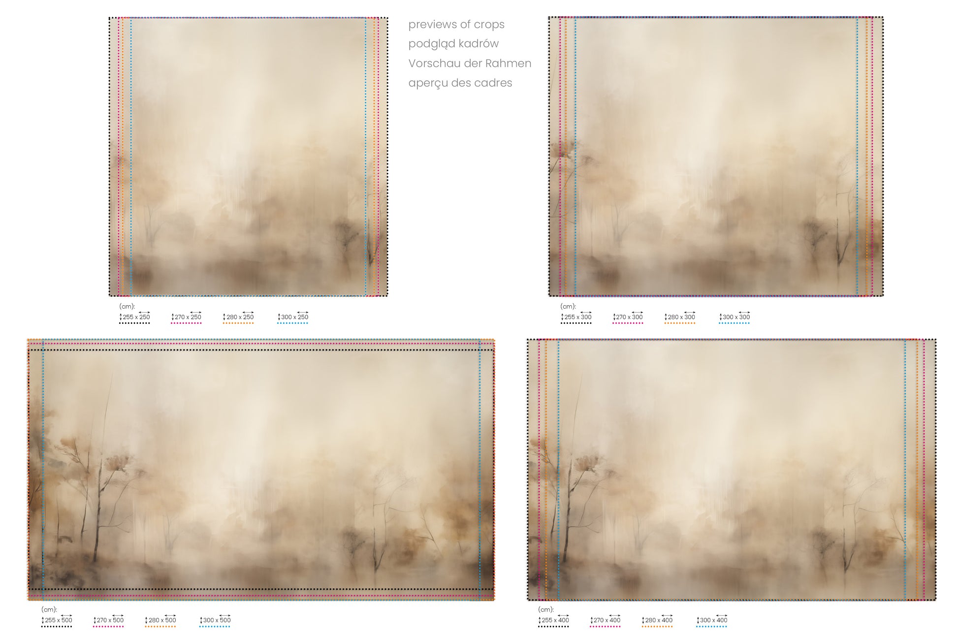 Na obrazie znajduje się prezentacja przykładowych rozmiarów fototapety o nazwie MISTY FOREST MURAL. Rozmiar fototapety jest dowolny.