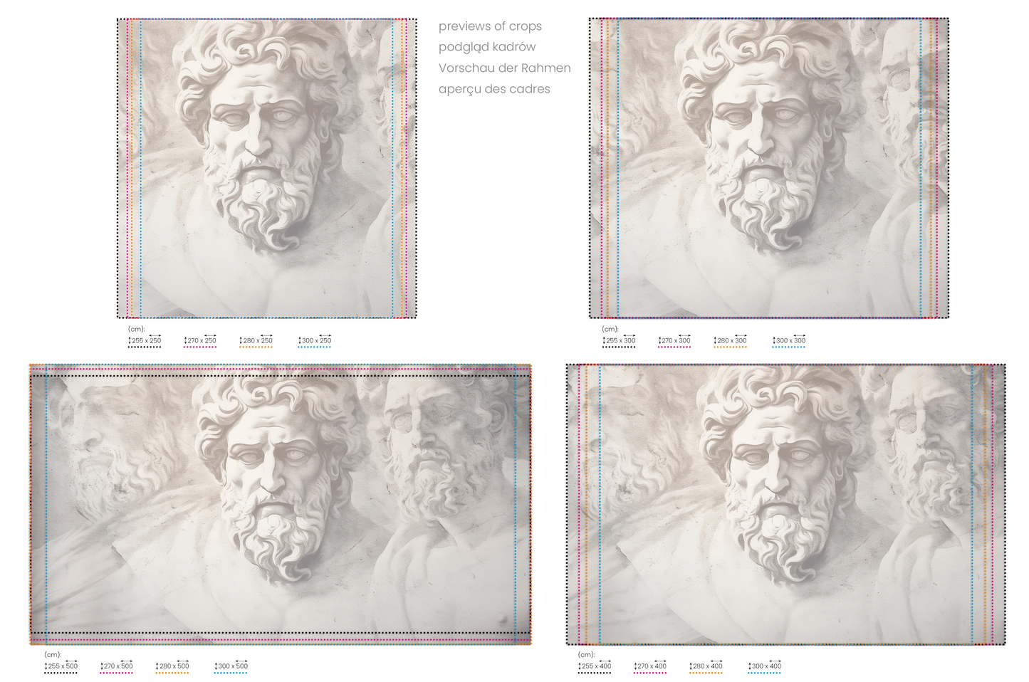 Na obrazie znajduje się prezentacja przykładowych rozmiarów fototapety o nazwie Marble Pantheon. Rozmiar fototapety jest dowolny.
