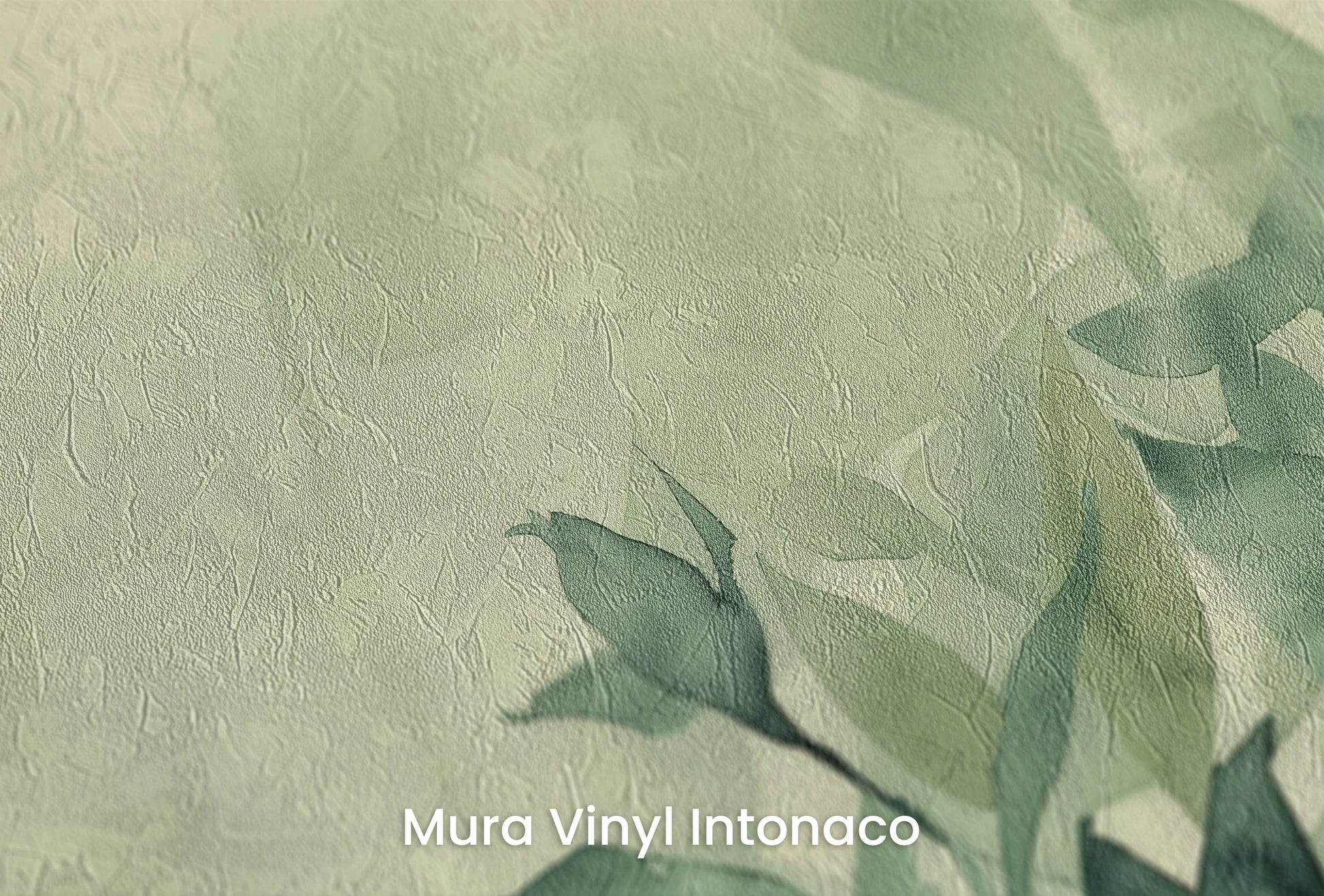 Zbliżenie na artystyczną fototapetę o nazwie Whispering Greens na podłożu Mura Vinyl Intonaco - struktura tartego tynku.