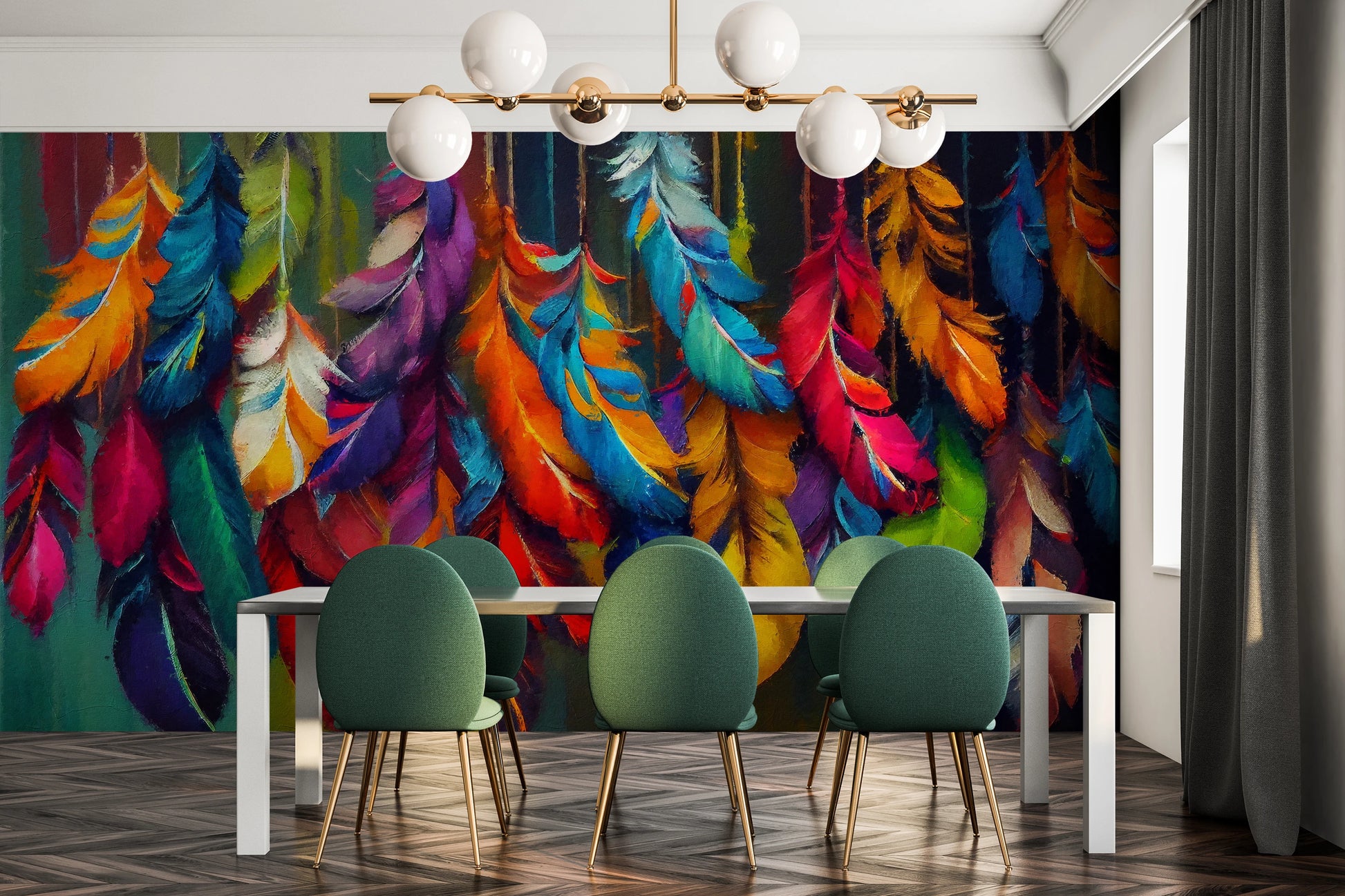 Fototapeta artystyczna o nazwie Rainbow Plumage pokazana w aranżacji wnętrza.