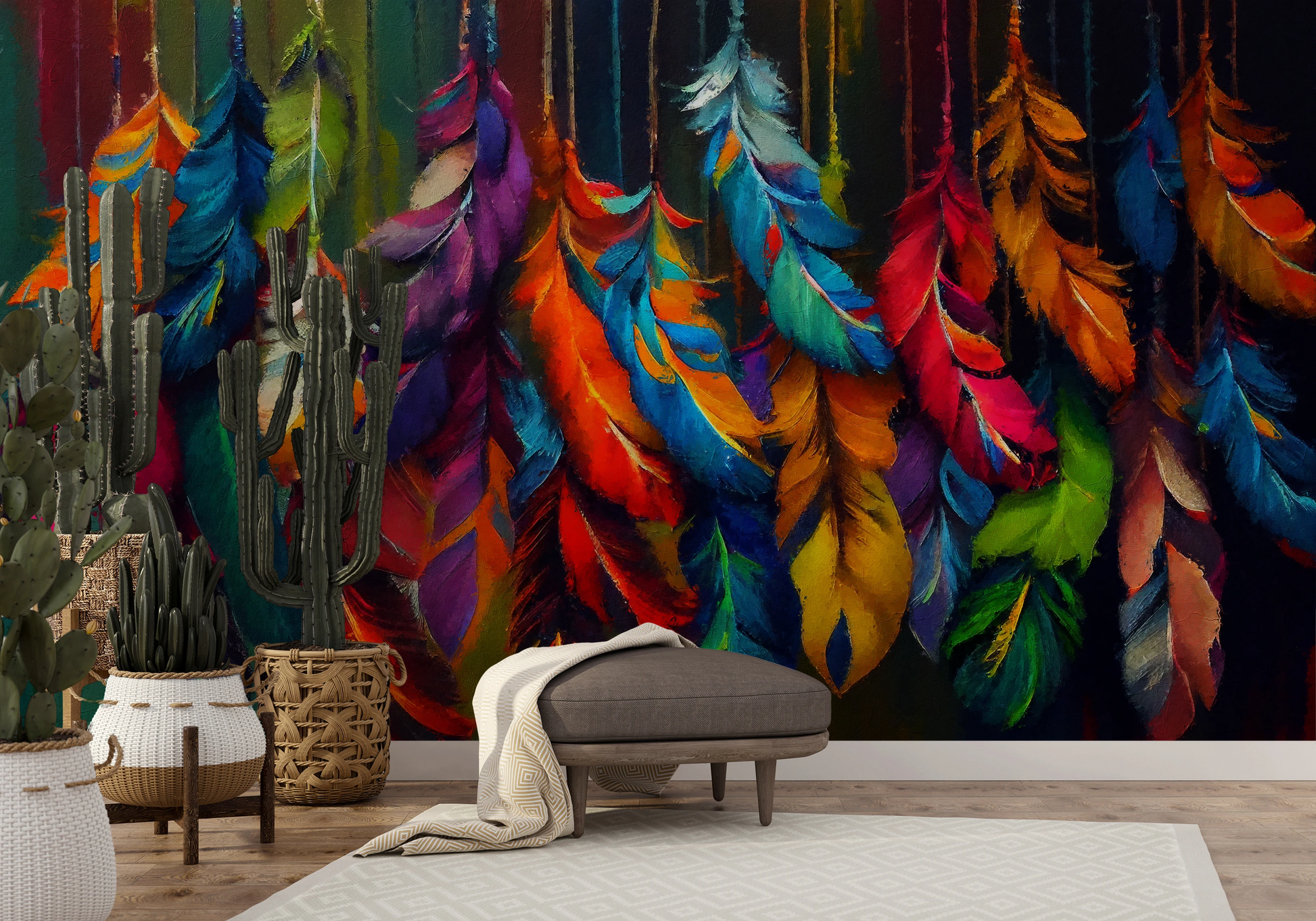 Fototapeta malowana o nazwie Rainbow Plumage pokazana w aranżacji wnętrza.