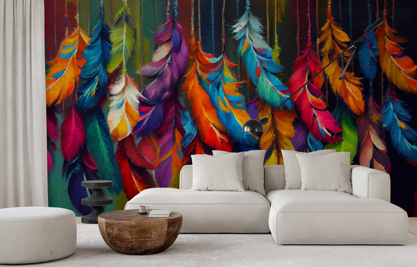 Wzór fototapety artystycznej o nazwie Rainbow Plumage pokazanej w aranżacji wnętrza.