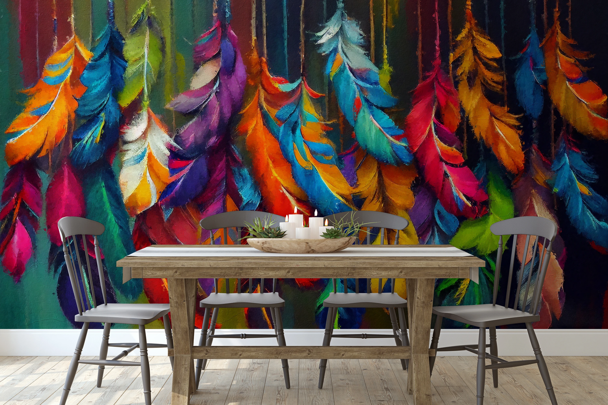 Wzór fototapety malowanej o nazwie Rainbow Plumage pokazanej w aranżacji wnętrza.