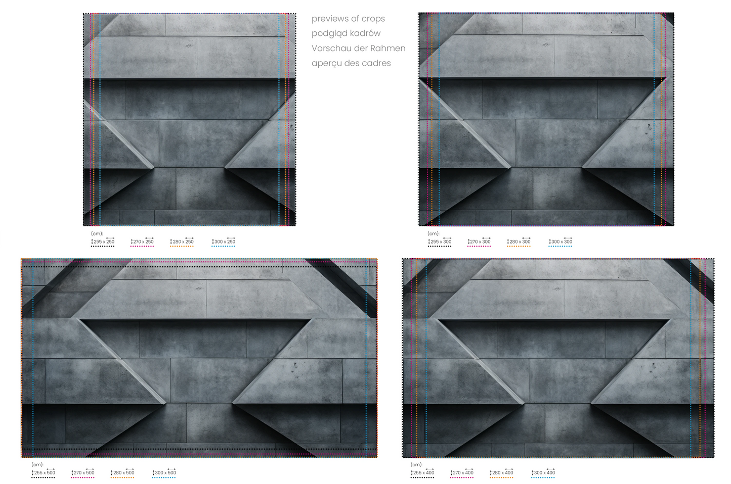 Na obrazie znajduje się prezentacja przykładowych rozmiarów fototapety o nazwie Geometric Shadows. Rozmiar fototapety jest dowolny.