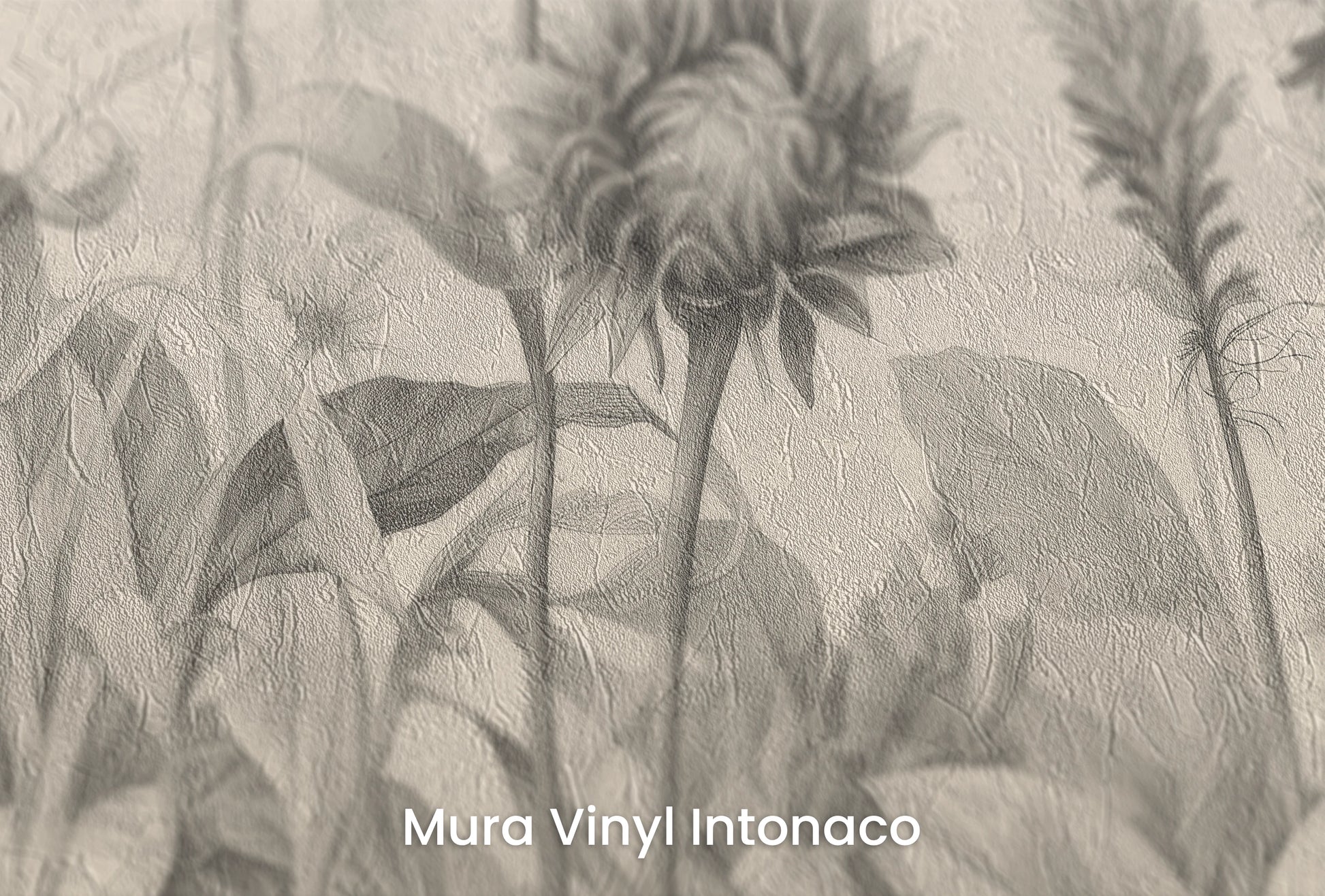 Zbliżenie na artystyczną fototapetę o nazwie Botanical Etchings na podłożu Mura Vinyl Intonaco - struktura tartego tynku.