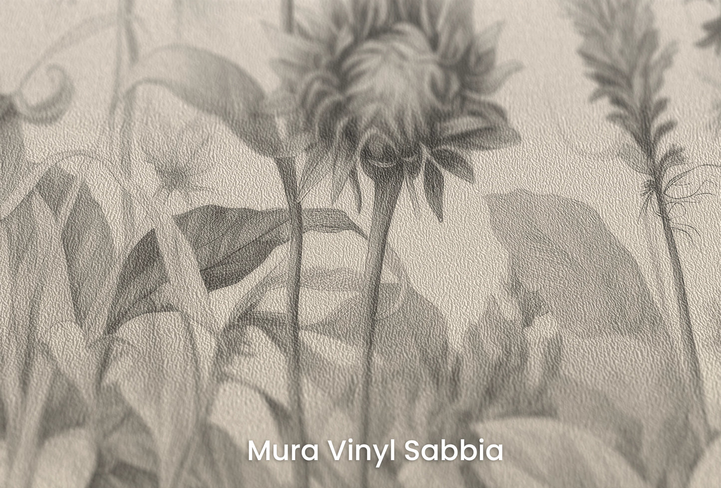 Zbliżenie na artystyczną fototapetę o nazwie Botanical Etchings na podłożu Mura Vinyl Sabbia struktura grubego ziarna piasku.