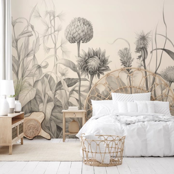 Fototapeta artystyczna o nazwie Botanical Etchings pokazana w aranżacji wnętrza.