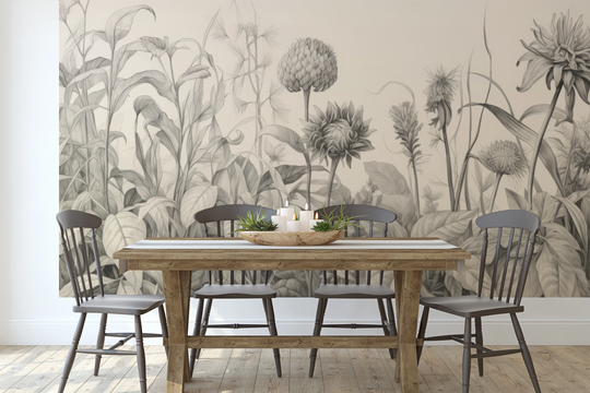 Wzór fototapety artystycznej o nazwie Botanical Etchings pokazanej w aranżacji wnętrza.