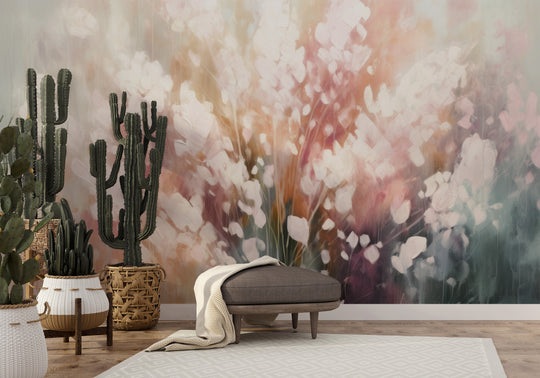 Wzór fototapety artystycznej o nazwie Ethereal White Blossom pokazanej w aranżacji wnętrza.