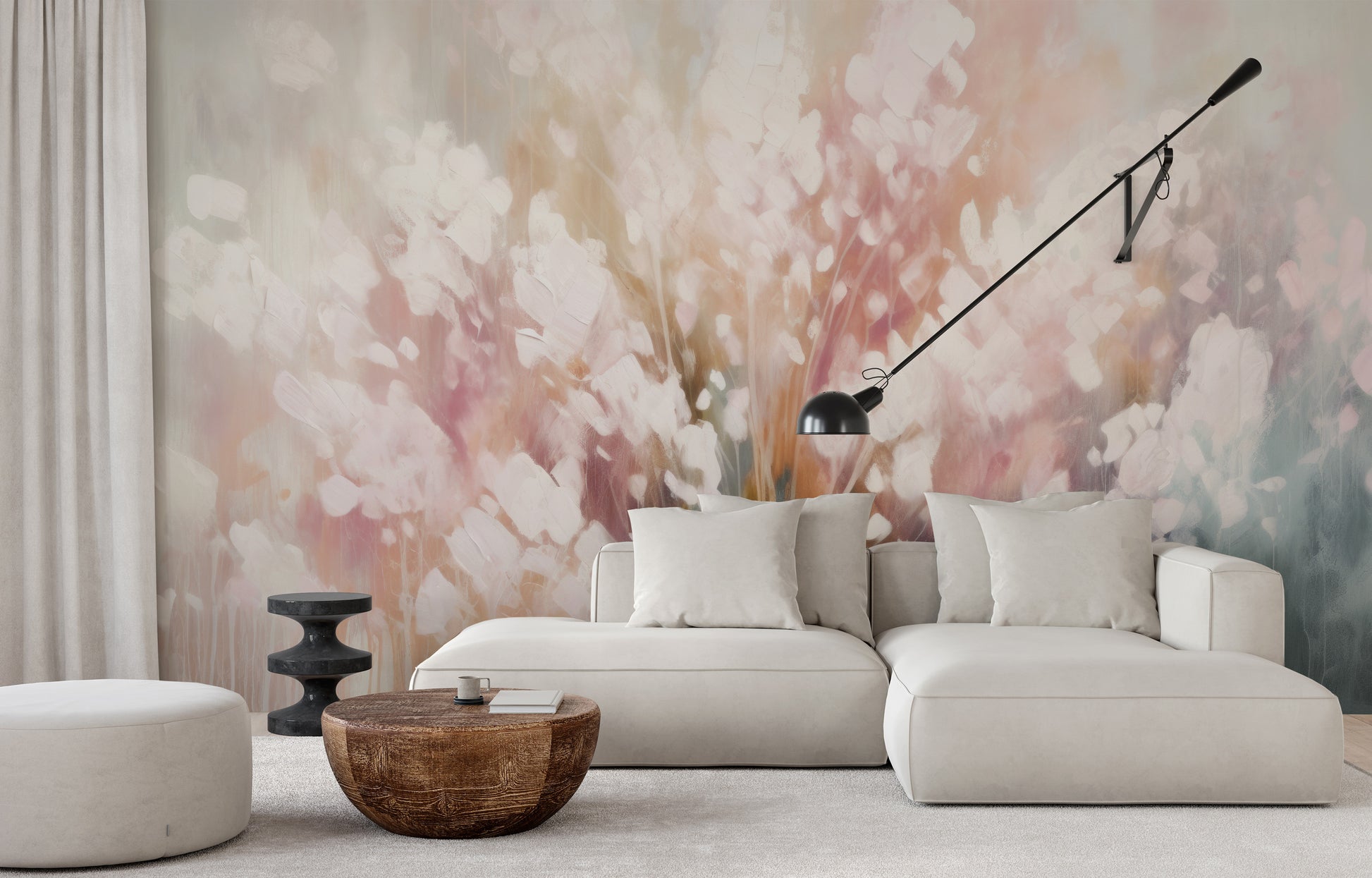Fototapeta malowana o nazwie Ethereal White Blossom pokazana w aranżacji wnętrza.