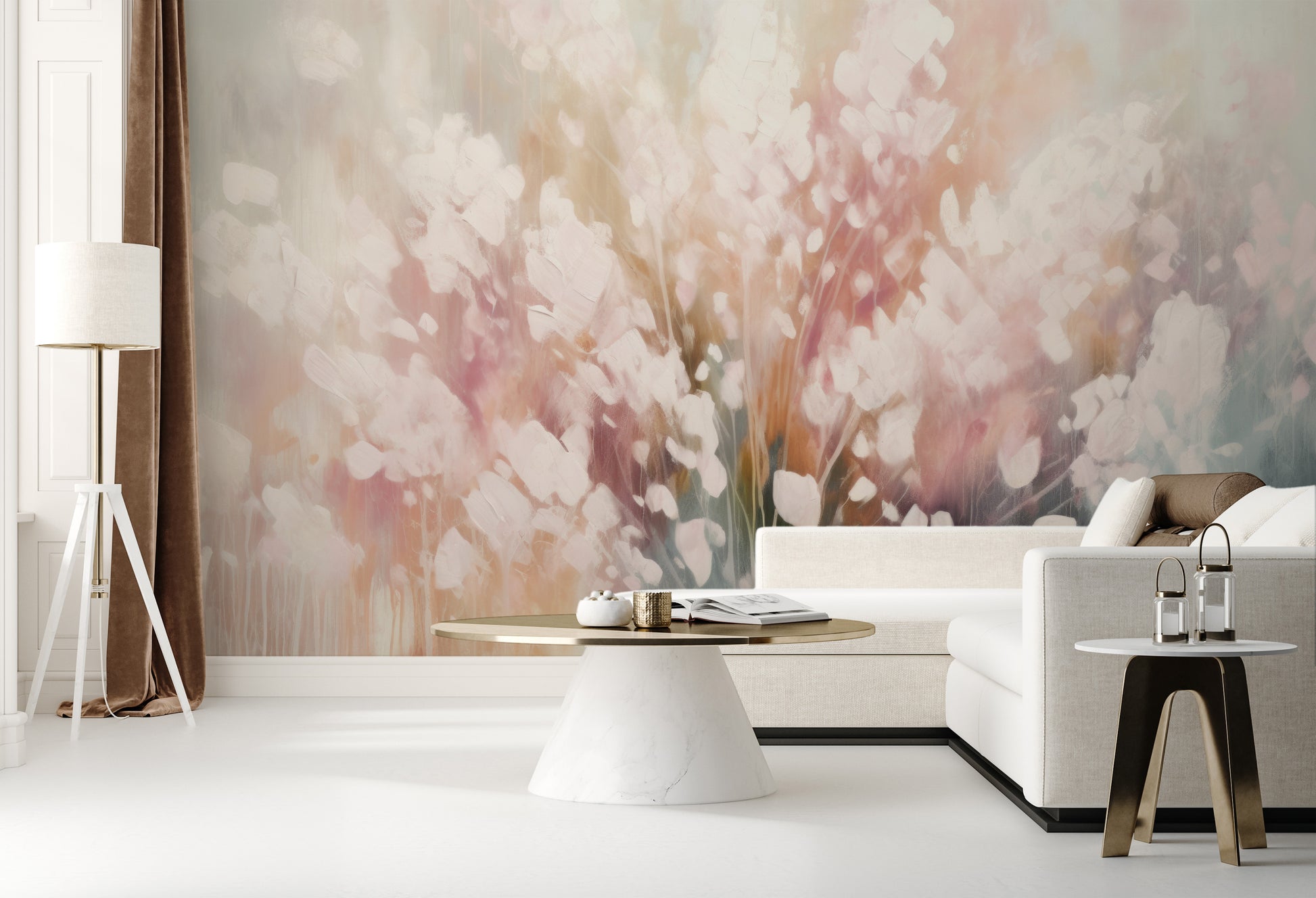 Wzór fototapety malowanej o nazwie Ethereal White Blossom pokazanej w aranżacji wnętrza.