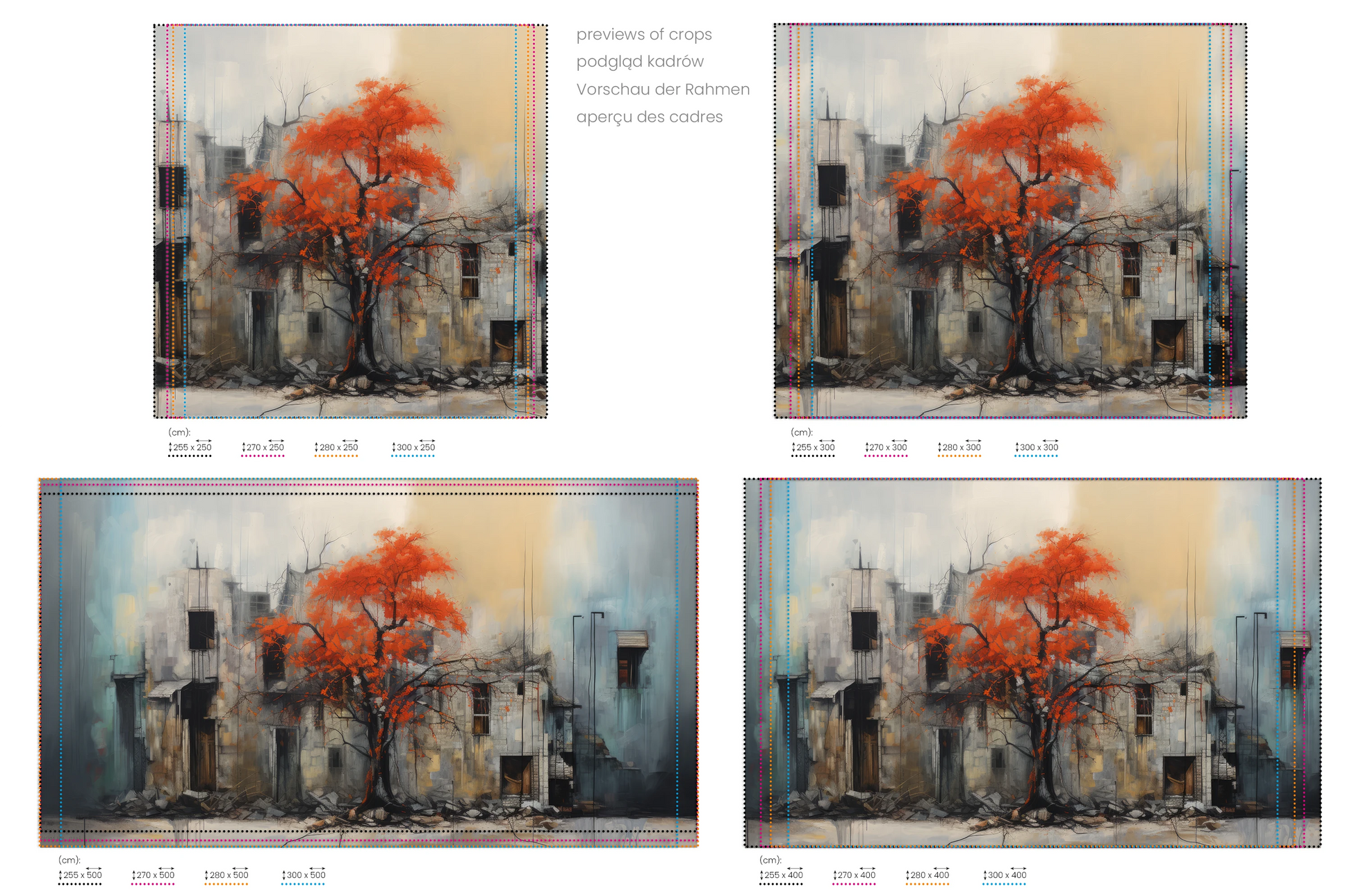 Na obrazie znajduje się prezentacja przykładowych rozmiarów fototapety o nazwie Autumn's Contrast. Rozmiar fototapety jest dowolny.
