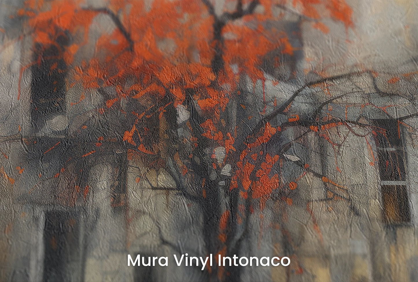 Zbliżenie na artystyczną fototapetę o nazwie Autumn's Contrast na podłożu Mura Vinyl Intonaco - struktura tartego tynku.
