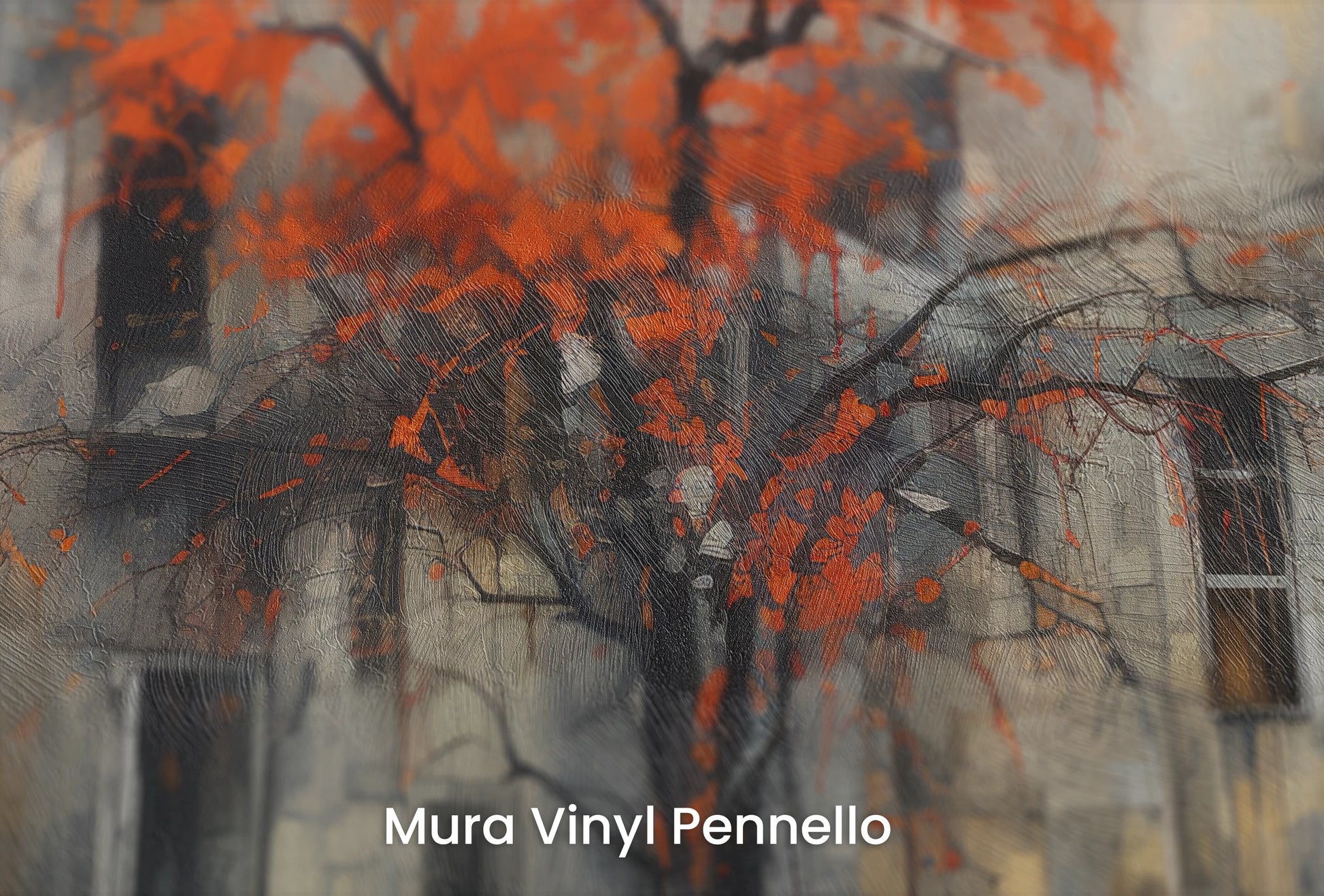 Zbliżenie na artystyczną fototapetę o nazwie Autumn's Contrast na podłożu Mura Vinyl Pennello - faktura pociągnięć pędzla malarskiego.