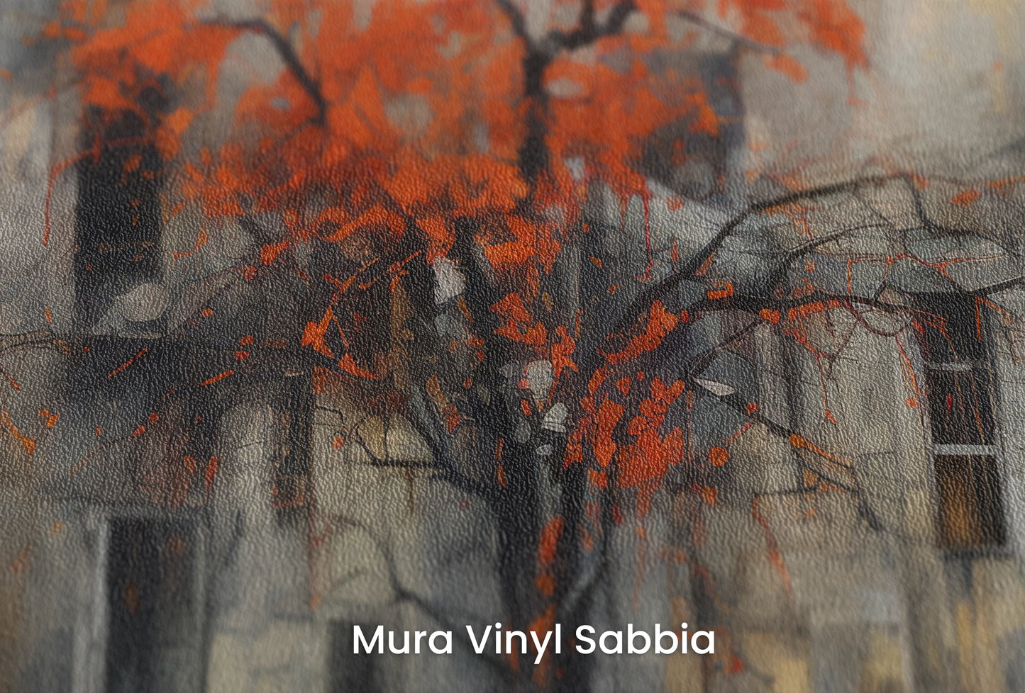 Zbliżenie na artystyczną fototapetę o nazwie Autumn's Contrast na podłożu Mura Vinyl Sabbia struktura grubego ziarna piasku.