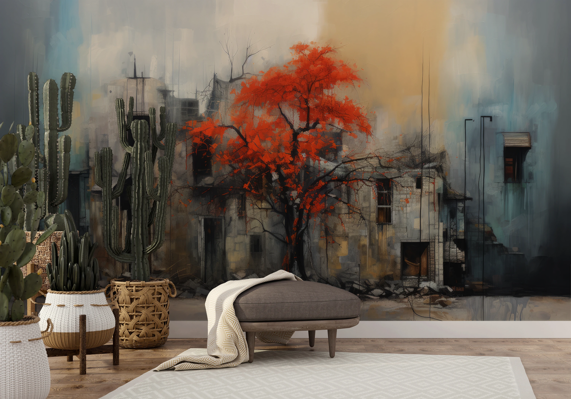 Wzór fototapety malowanej o nazwie Autumn's Contrast pokazanej w aranżacji wnętrza.