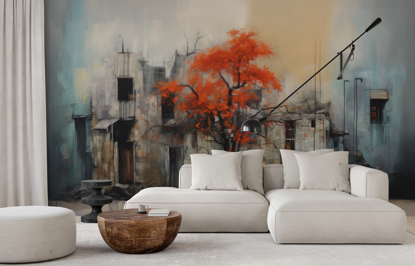 Wzór fototapety artystycznej o nazwie Autumn's Contrast pokazanej w aranżacji wnętrza.