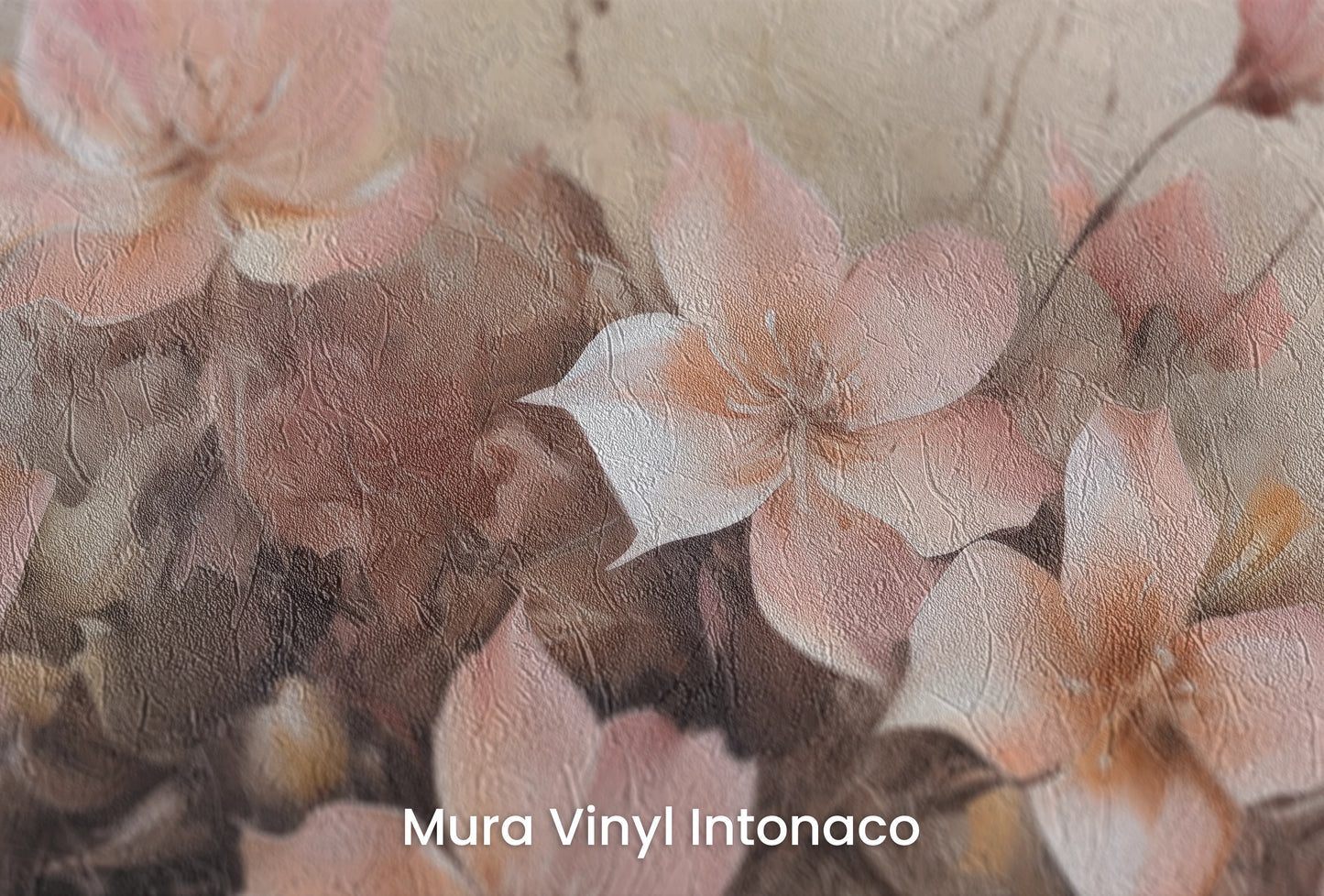 Zbliżenie na artystyczną fototapetę o nazwie Dawn Petals na podłożu Mura Vinyl Intonaco - struktura tartego tynku.