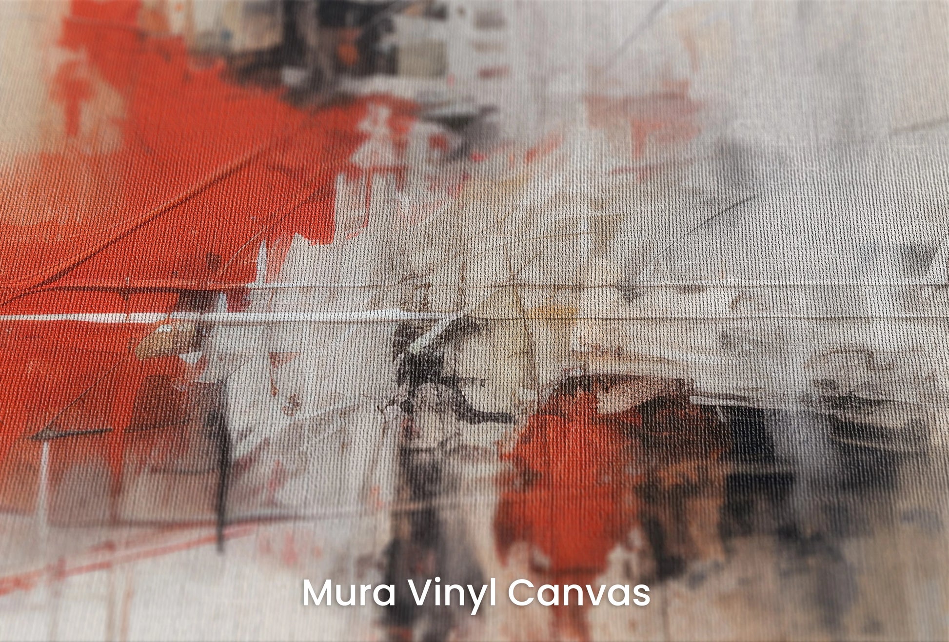 Zbliżenie na artystyczną fototapetę o nazwie Dynamic Red Abstraction na podłożu Mura Vinyl Canvas - faktura naturalnego płótna.