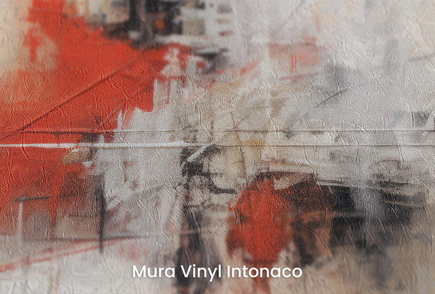 Zbliżenie na artystyczną fototapetę o nazwie Dynamic Red Abstraction na podłożu Mura Vinyl Intonaco - struktura tartego tynku.