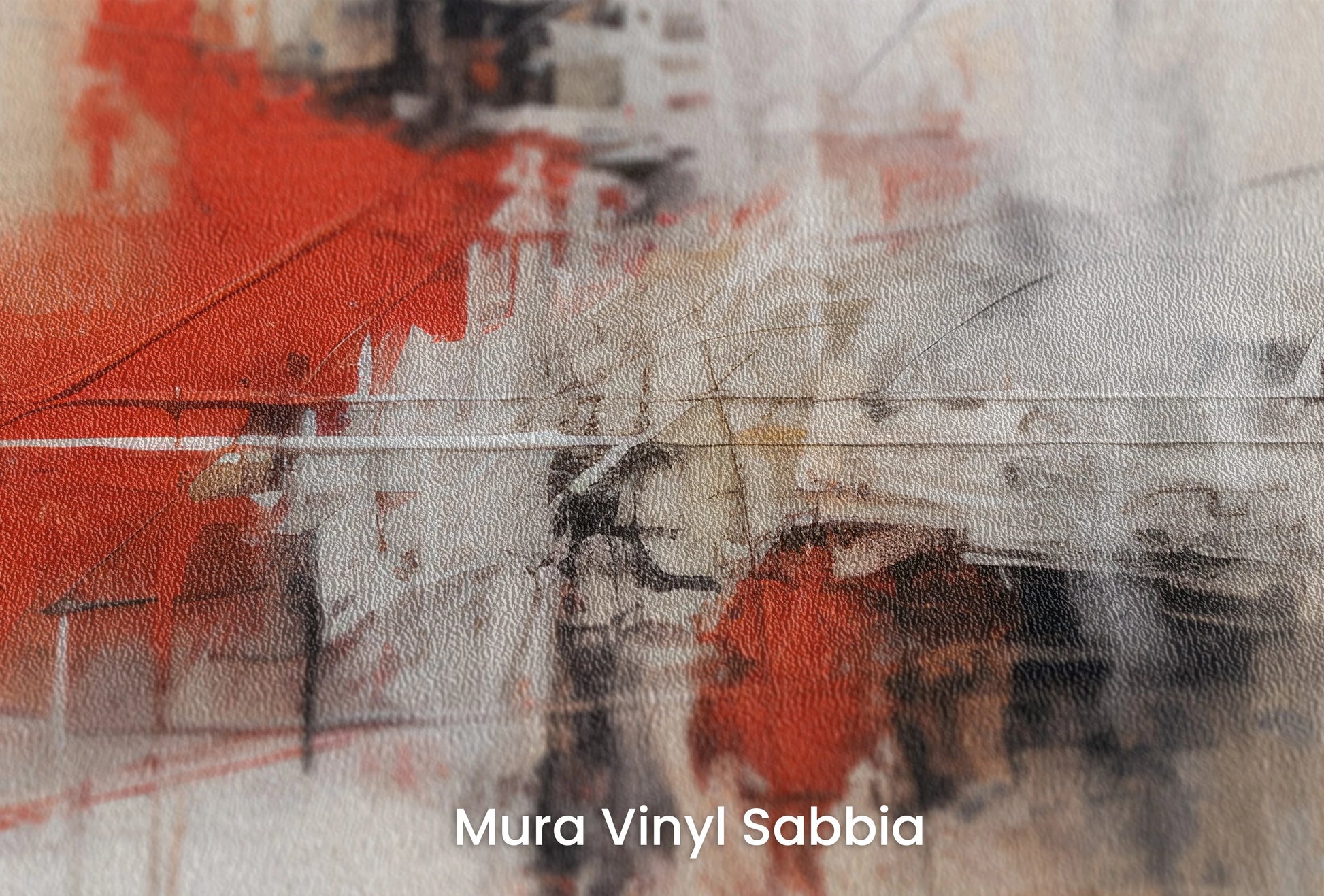 Zbliżenie na artystyczną fototapetę o nazwie Dynamic Red Abstraction na podłożu Mura Vinyl Sabbia struktura grubego ziarna piasku.