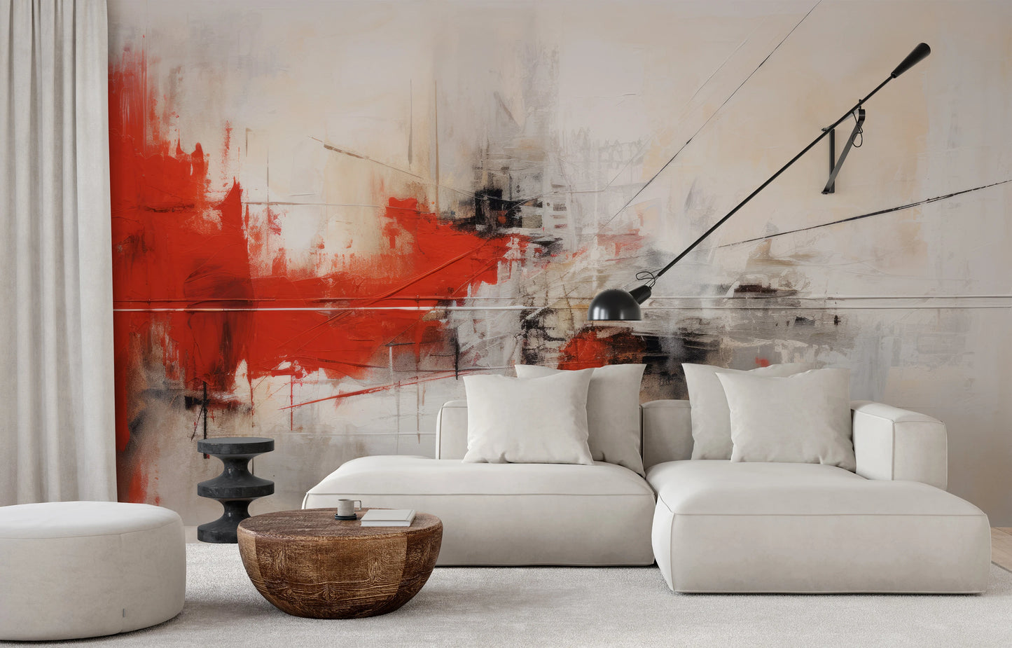 Wzór fototapety malowanej o nazwie Dynamic Red Abstraction pokazanej w aranżacji wnętrza.
