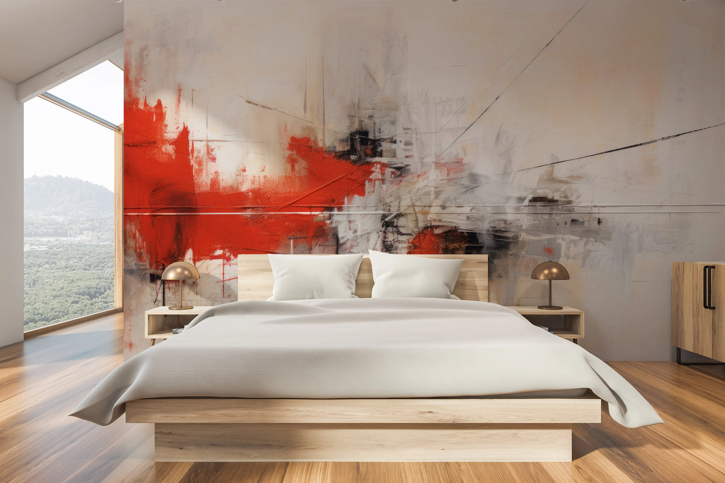 Fototapeta malowana o nazwie Dynamic Red Abstraction pokazana w aranżacji wnętrza.