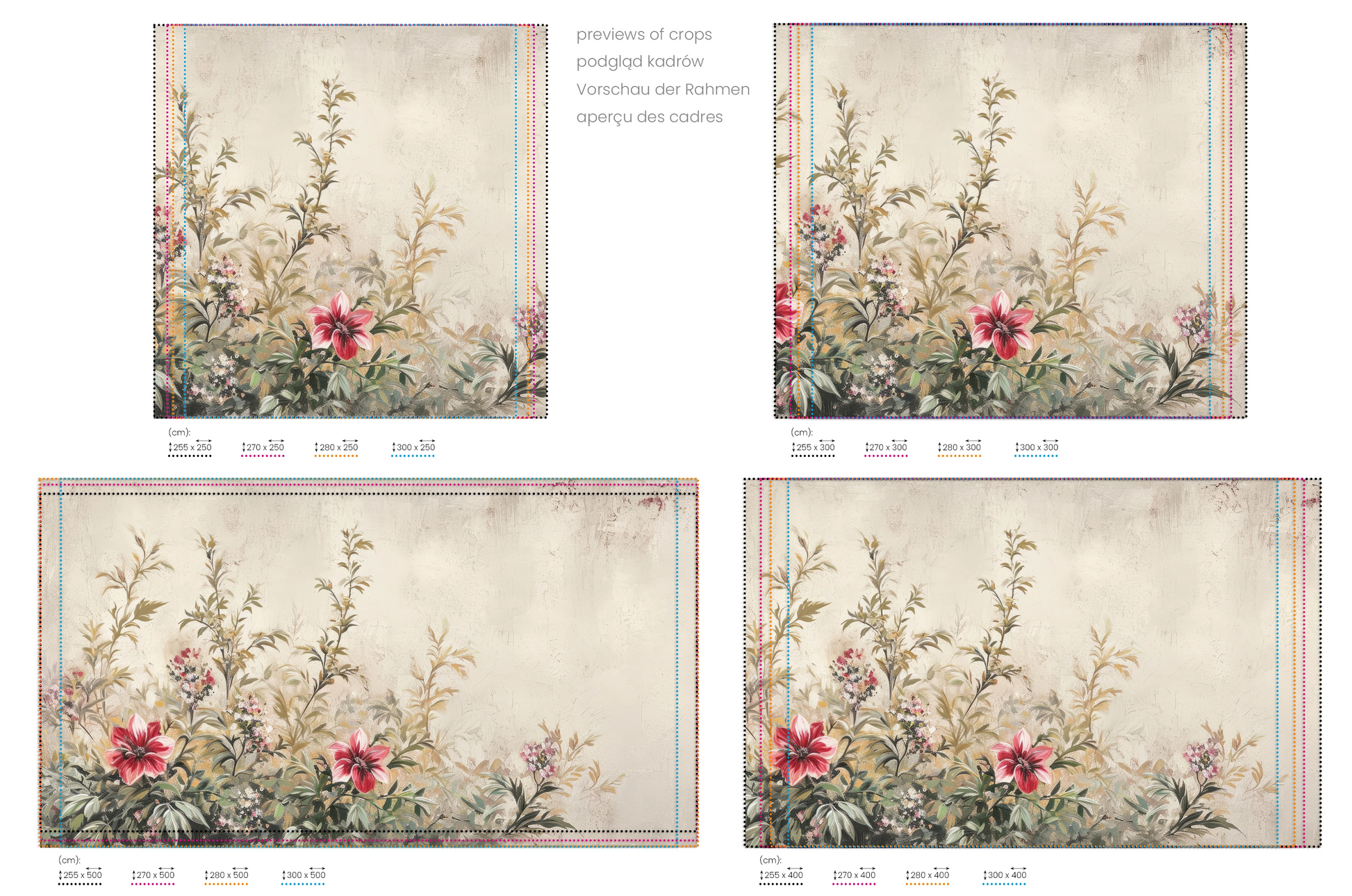 Na obrazie znajduje się prezentacja przykładowych rozmiarów fototapety o nazwie Antique Florals. Rozmiar fototapety jest dowolny.