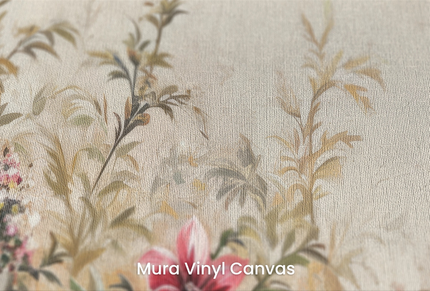 Zbliżenie na artystyczną fototapetę o nazwie Antique Florals na podłożu Mura Vinyl Canvas - faktura naturalnego płótna.