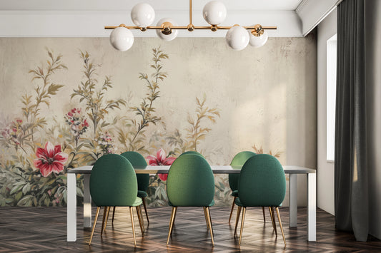 Wzór fototapety artystycznej o nazwie Antique Florals pokazanej w aranżacji wnętrza.