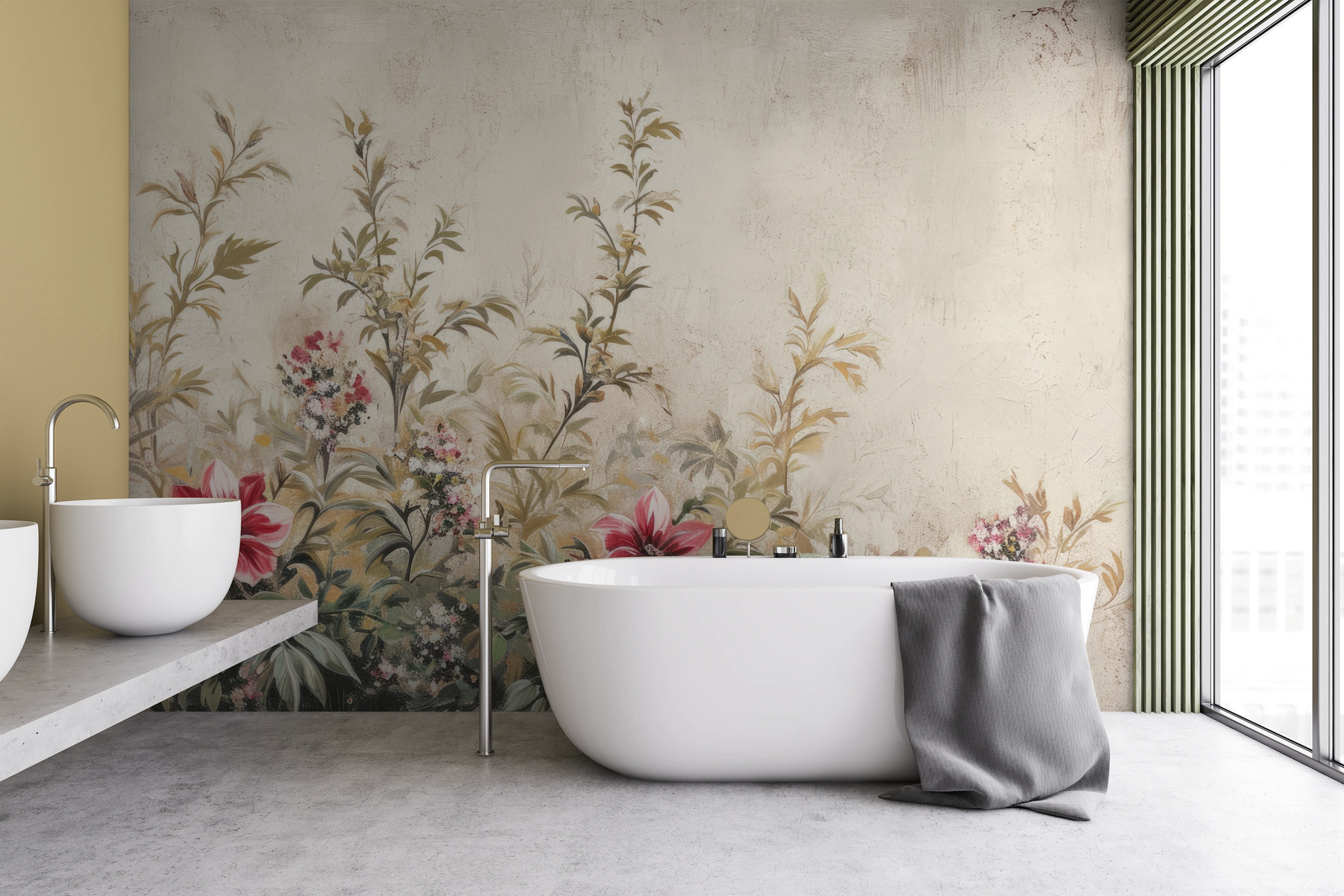 Wzór fototapety malowanej o nazwie Antique Florals pokazanej w aranżacji wnętrza.