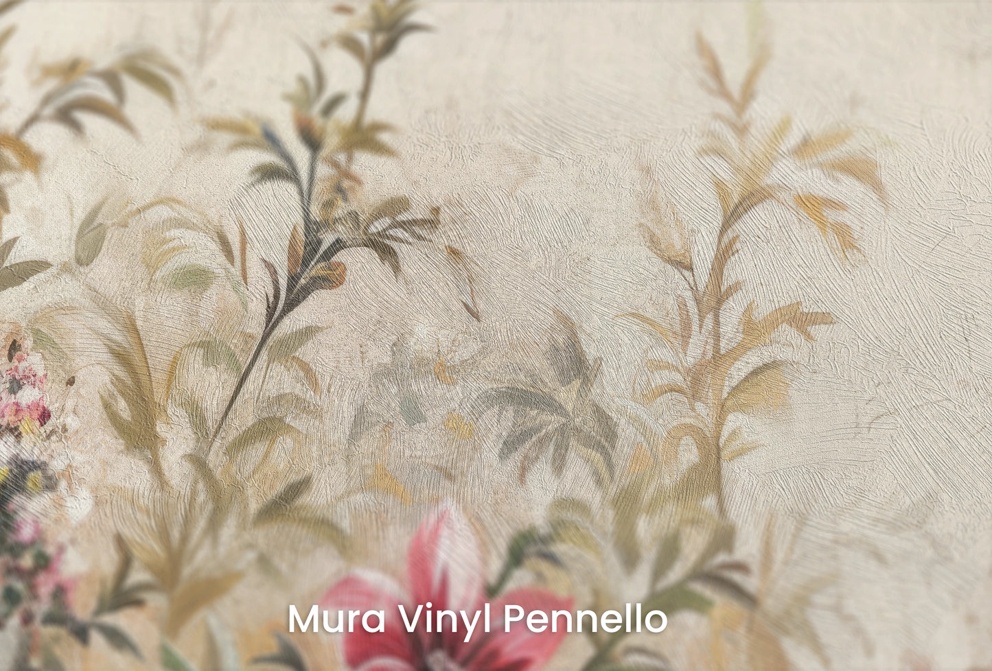 Zbliżenie na artystyczną fototapetę o nazwie Antique Florals na podłożu Mura Vinyl Pennello - faktura pociągnięć pędzla malarskiego.