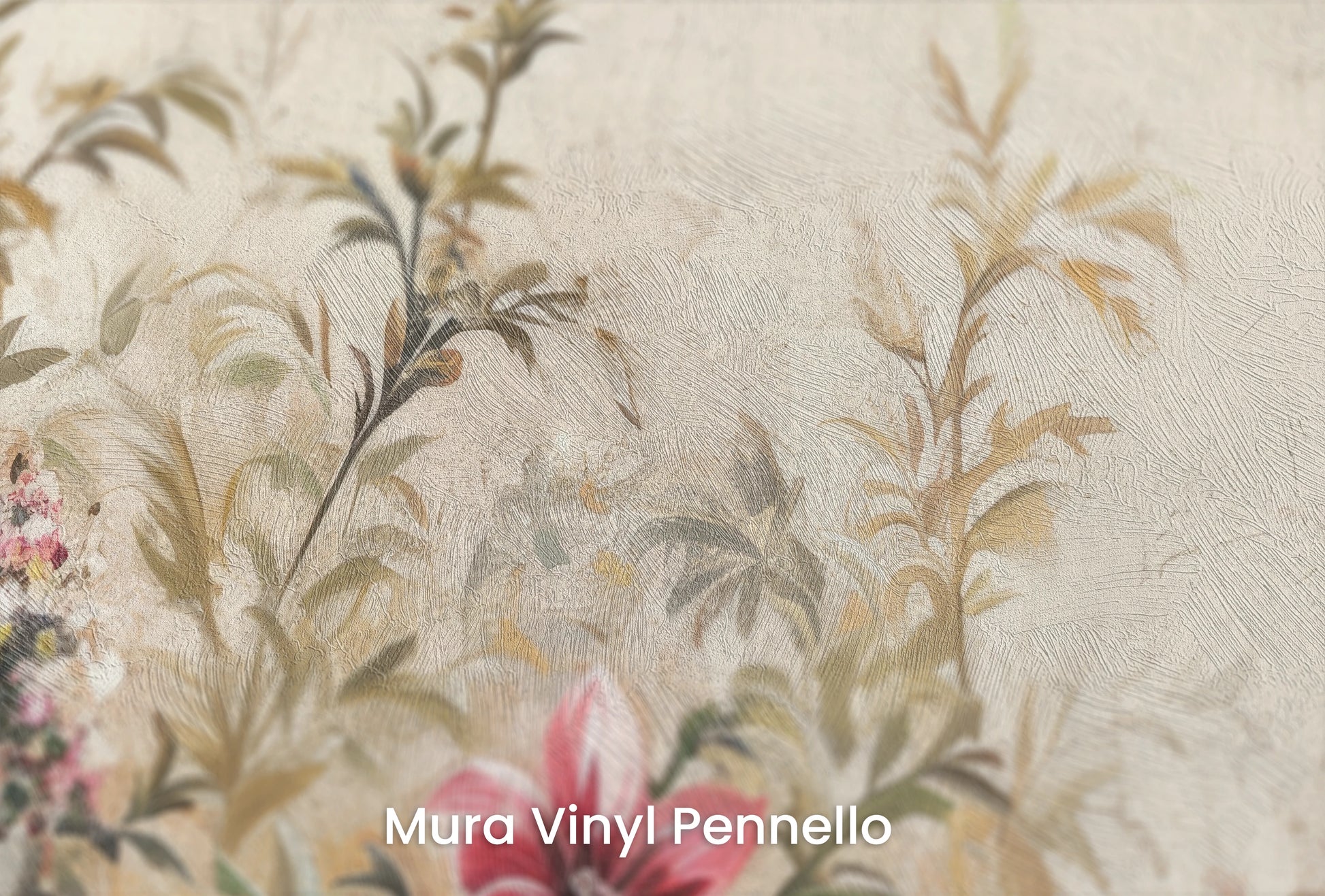 Zbliżenie na artystyczną fototapetę o nazwie Antique Florals na podłożu Mura Vinyl Pennello - faktura pociągnięć pędzla malarskiego.
