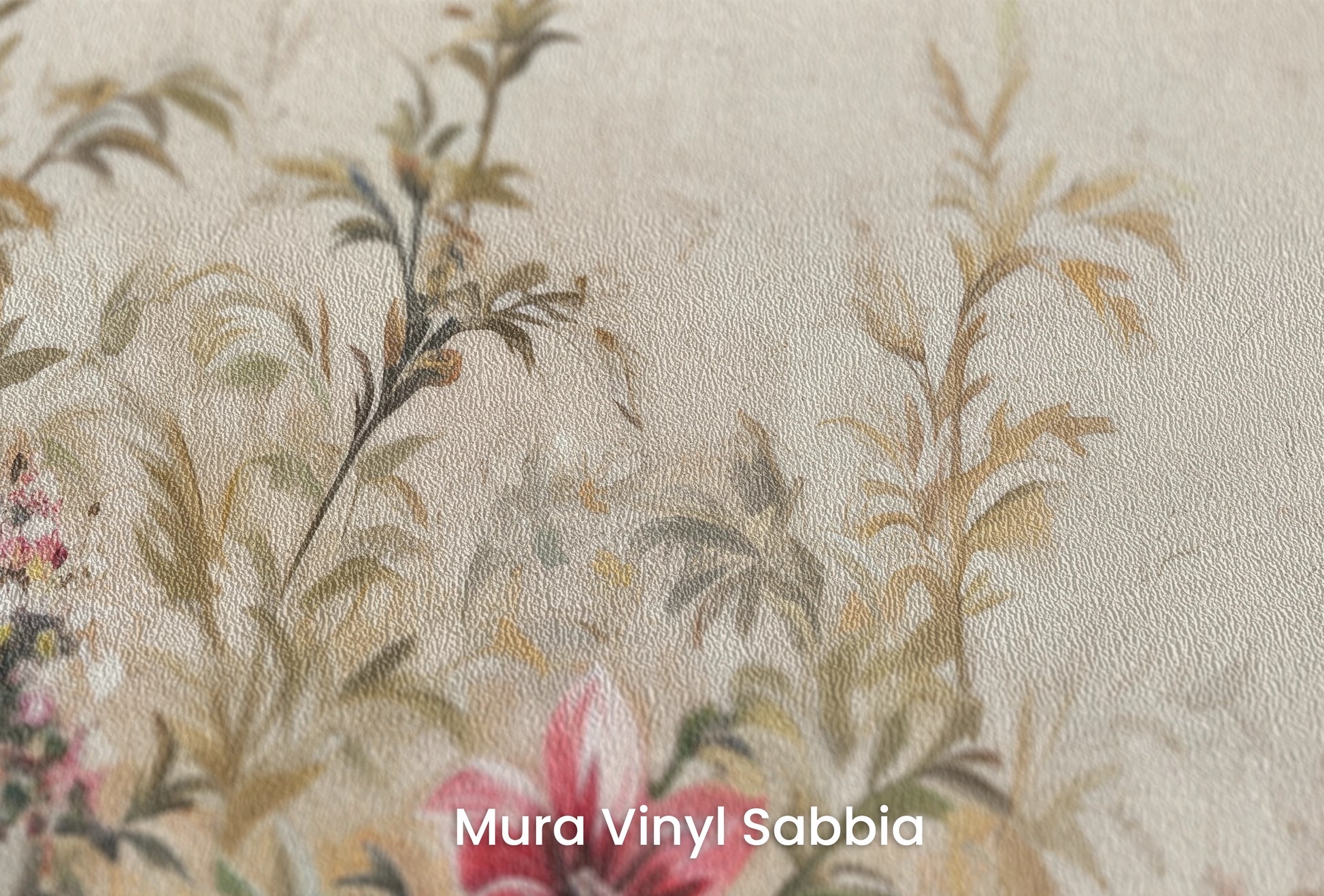 Zbliżenie na artystyczną fototapetę o nazwie Antique Florals na podłożu Mura Vinyl Sabbia struktura grubego ziarna piasku.