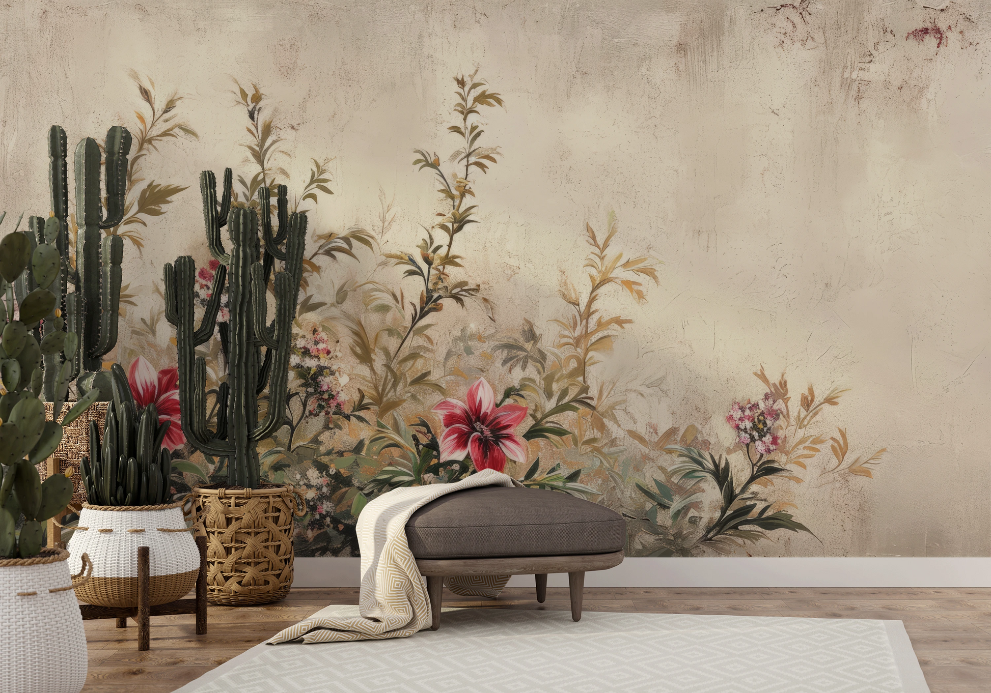 Fototapeta artystyczna o nazwie Antique Florals pokazana w aranżacji wnętrza.