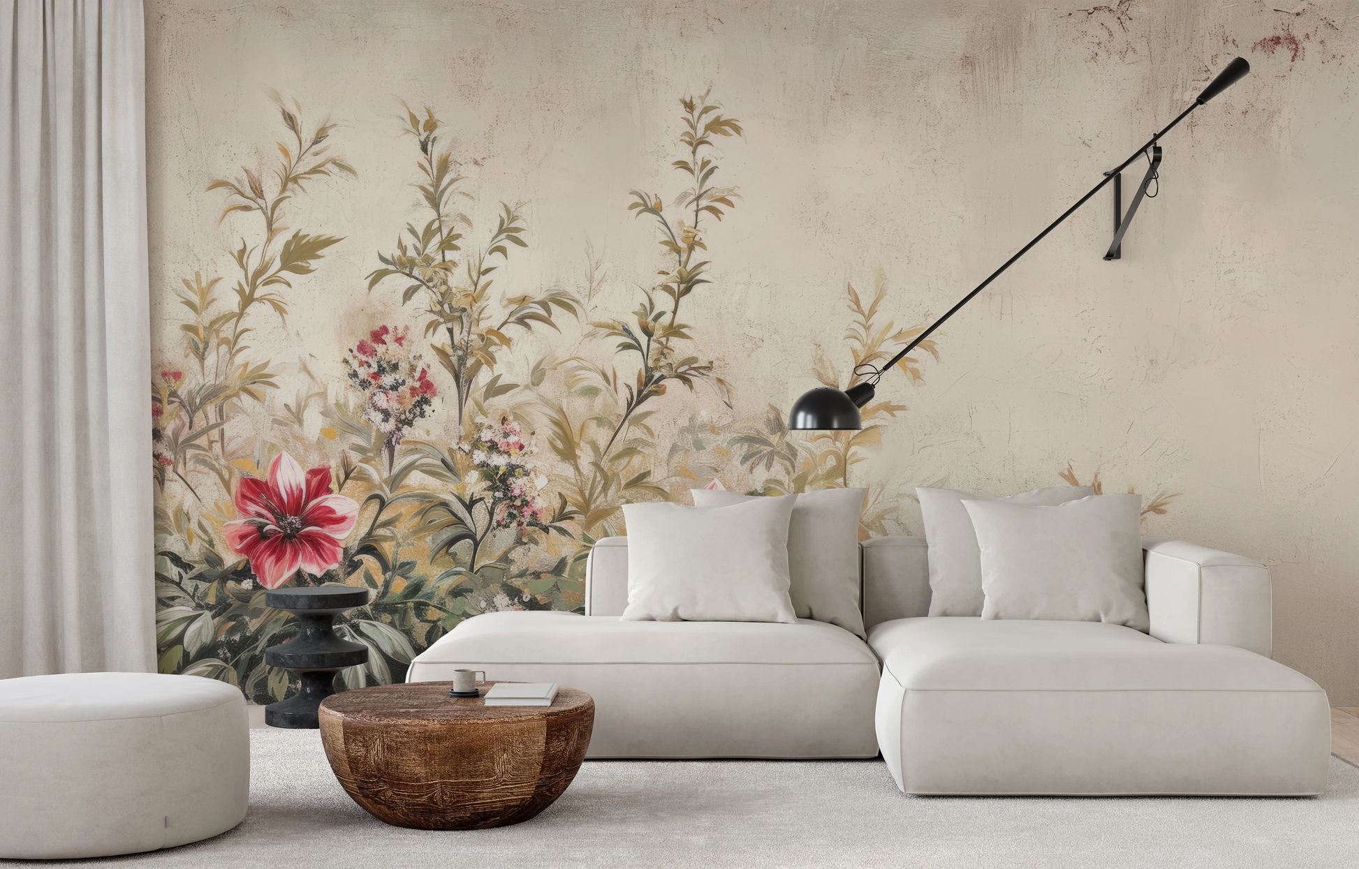 Zdjęcie prezentuje aranżację wnętrza z użyciem fototapety o nazwie Antique Florals pokazanej w aranżacji wnętrza.