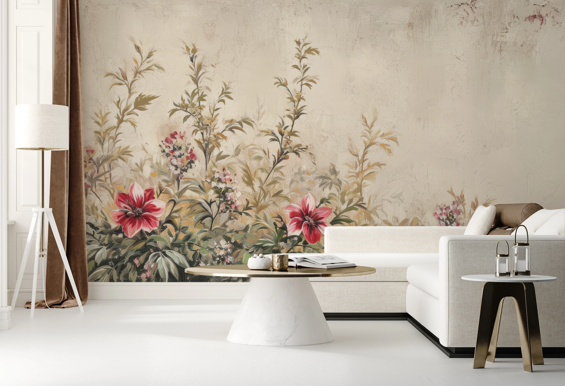 Wzór fototapety o nazwie Antique Florals pokazanej w kontekście pomieszczenia.