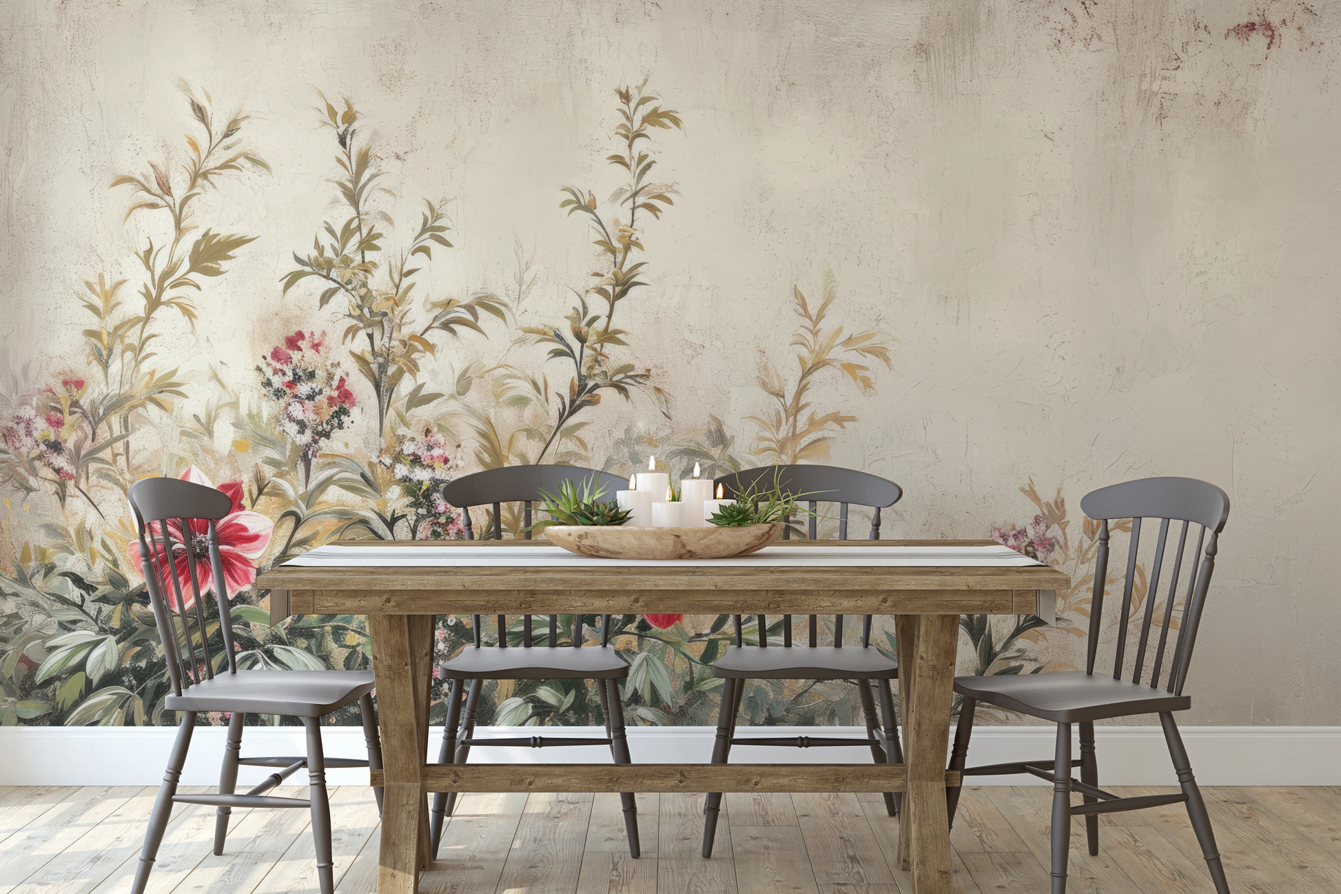 Fototapeta malowana o nazwie Antique Florals pokazana w aranżacji wnętrza.