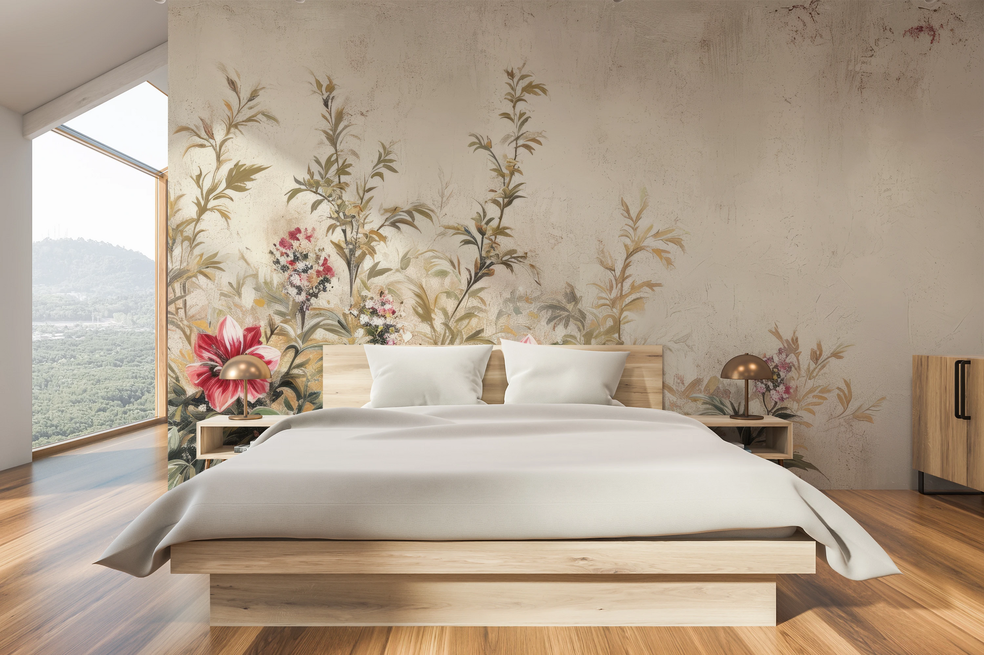 Wzór fototapety artystycznej o nazwie Antique Florals pokazanej w aranżacji wnętrza.
