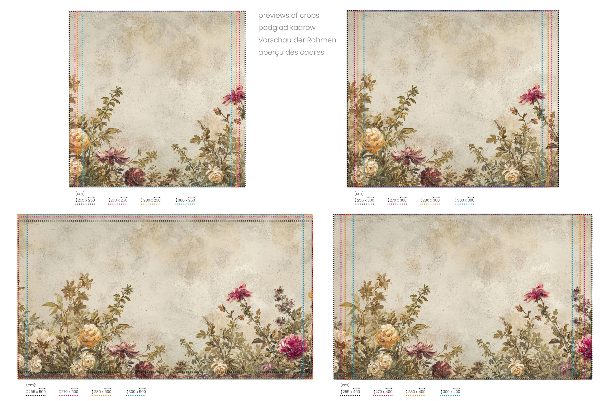 Na obrazie znajduje się prezentacja przykładowych rozmiarów fototapety o nazwie Vintage Rose Garden. Rozmiar fototapety jest dowolny.