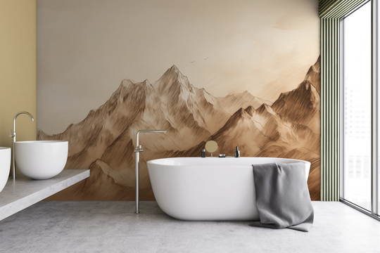 Wzór fototapety artystycznej o nazwie Sepia Peaks pokazanej w aranżacji wnętrza.