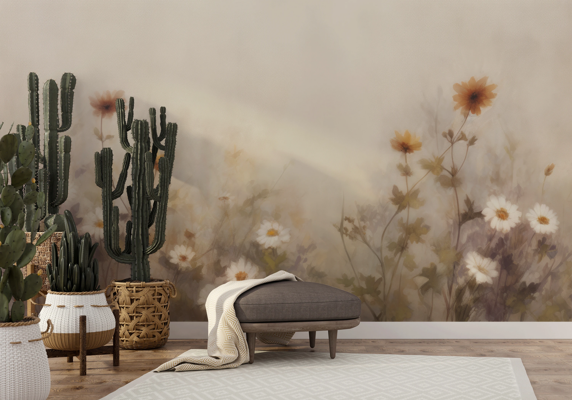 Wzór fototapety malowanej o nazwie Misty Daisies pokazanej w aranżacji wnętrza.