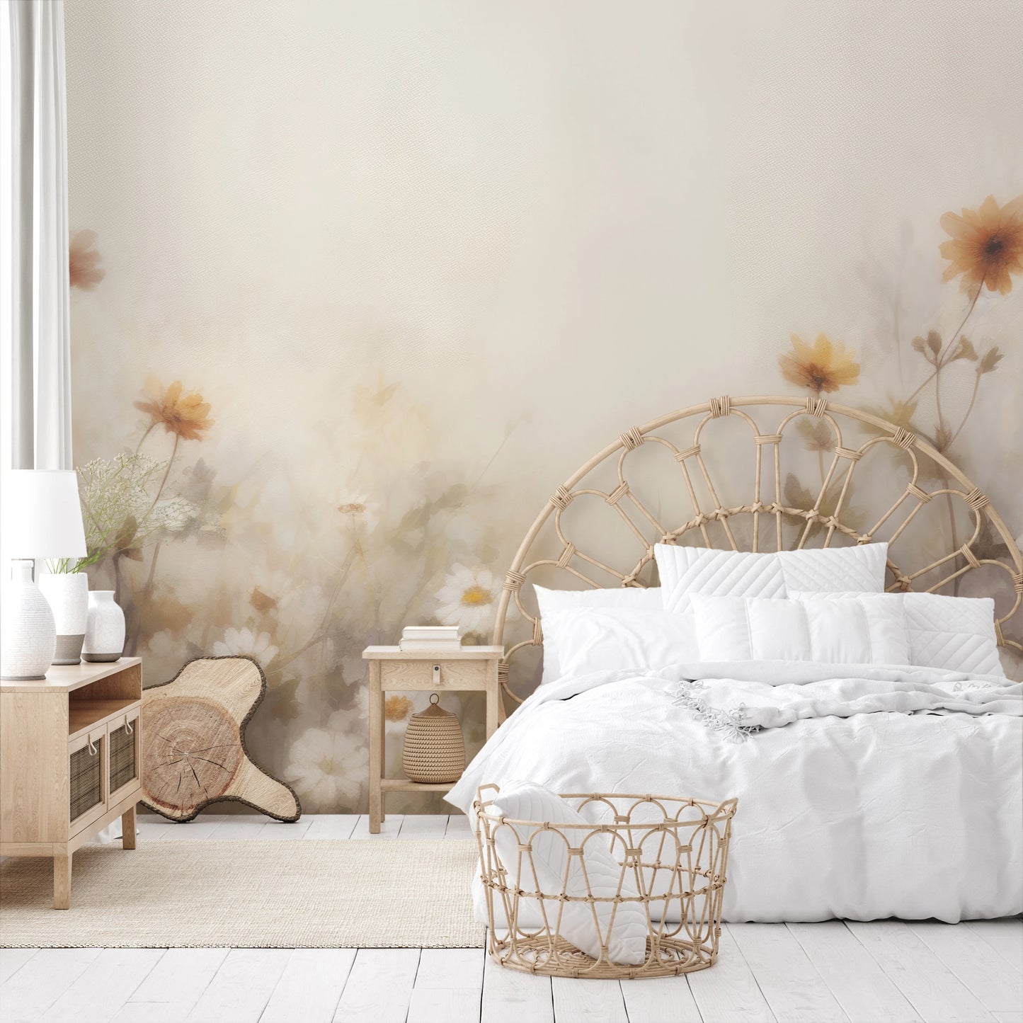 Fototapeta malowana o nazwie Misty Daisies pokazana w aranżacji wnętrza.