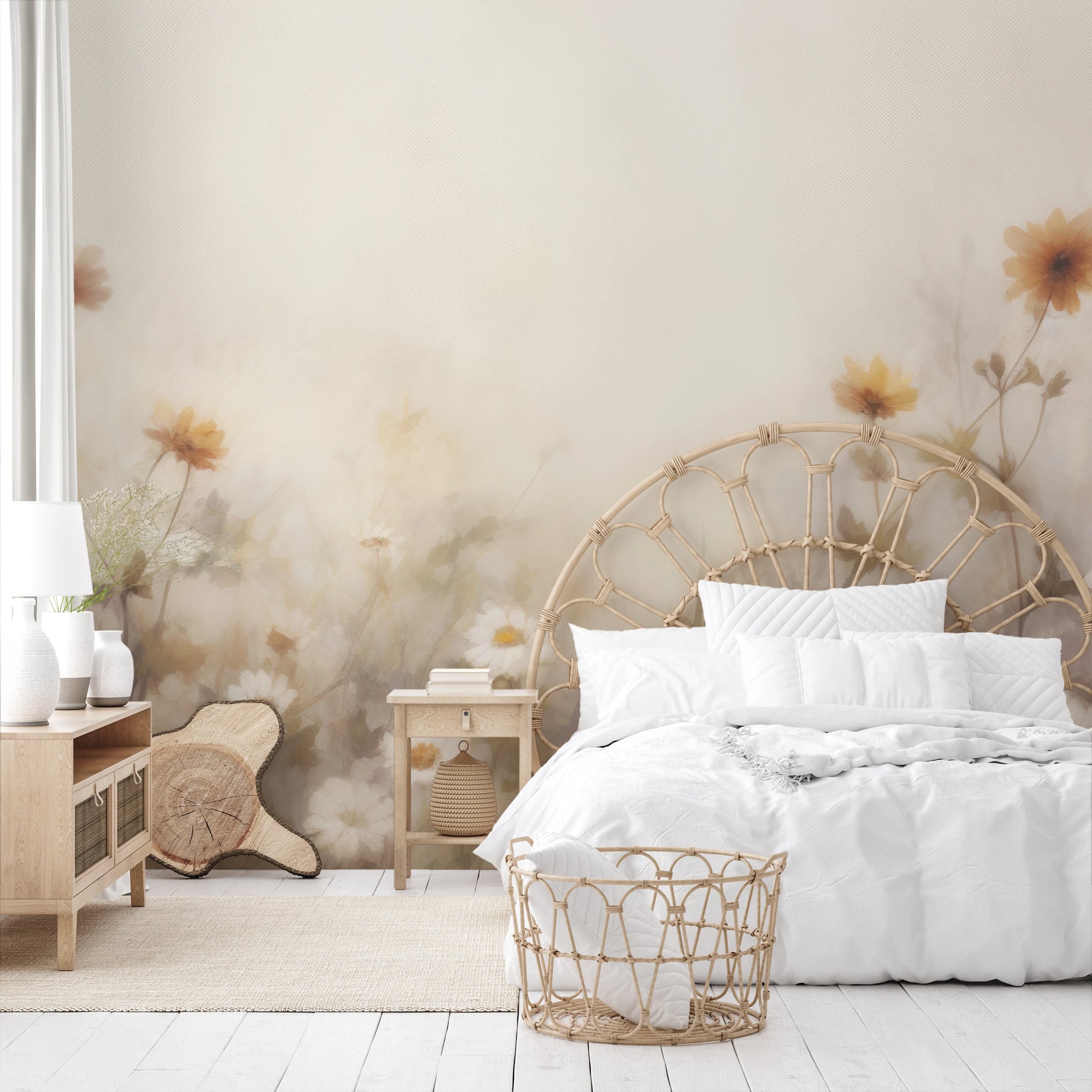 Fototapeta malowana o nazwie Misty Daisies pokazana w aranżacji wnętrza.